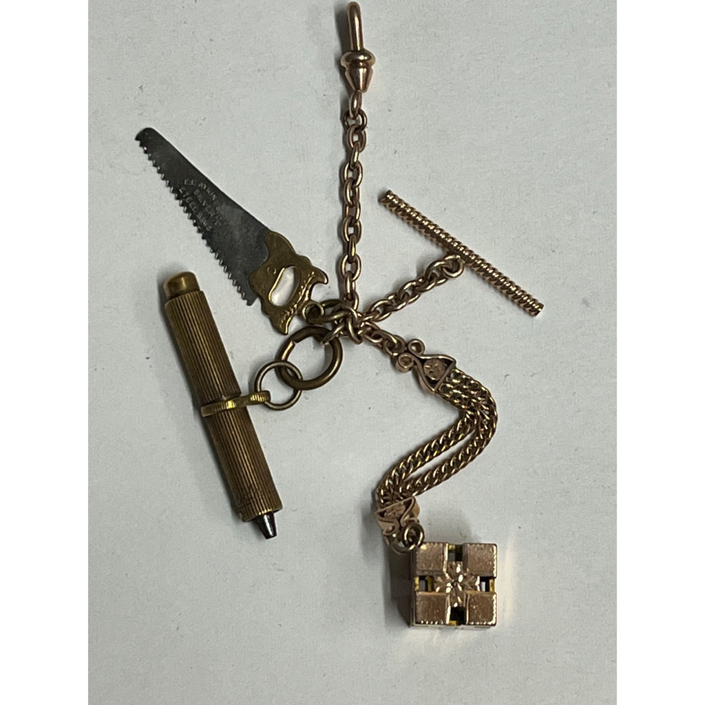 Antique Victorian Men's Pocket Watch Chain w/ Atkins Saw Fob, Universal Key ++