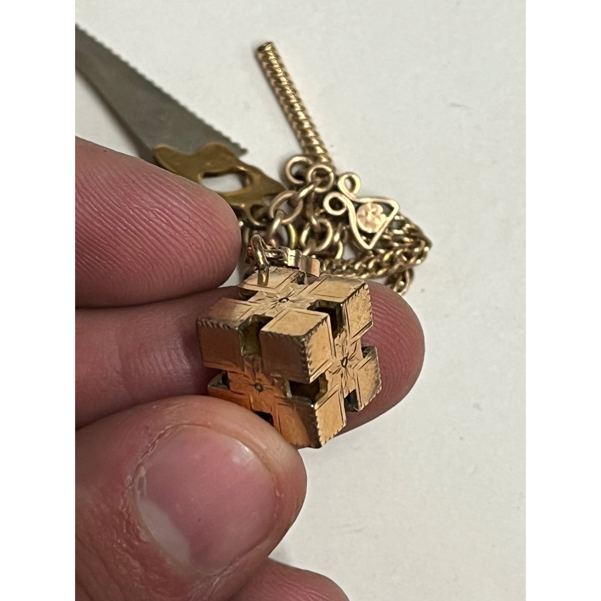 Antique Victorian Men's Pocket Watch Chain w/ Atkins Saw Fob, Universal Key ++