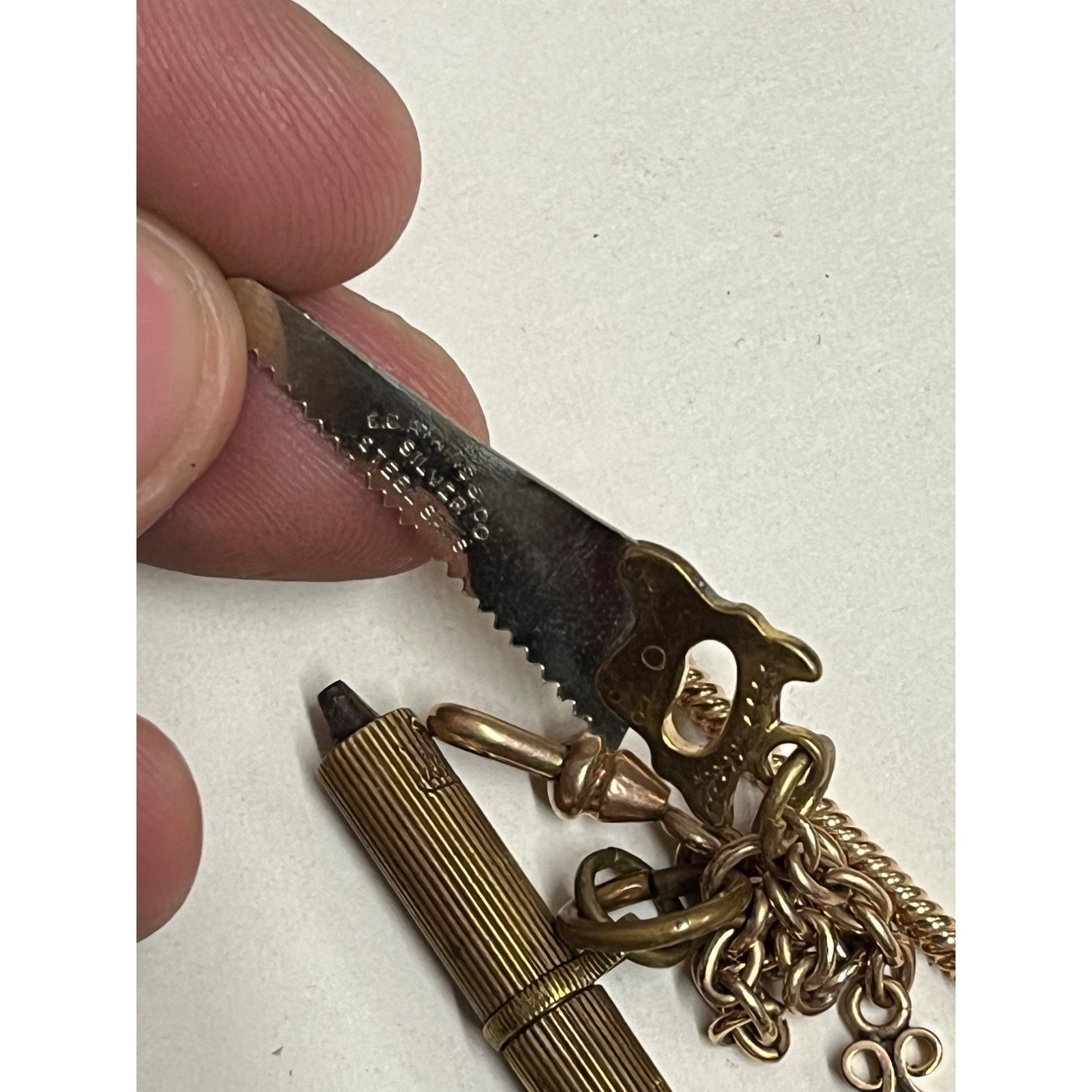 Antique Victorian Men's Pocket Watch Chain w/ Atkins Saw Fob, Universal Key ++
