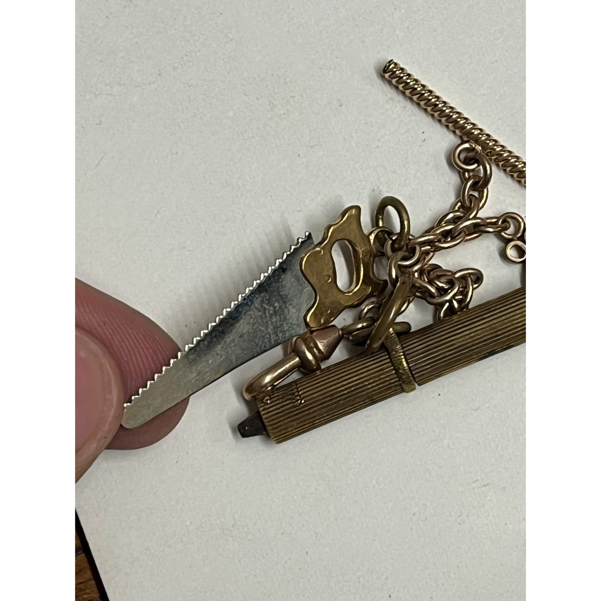 Antique Victorian Men's Pocket Watch Chain w/ Atkins Saw Fob, Universal Key ++