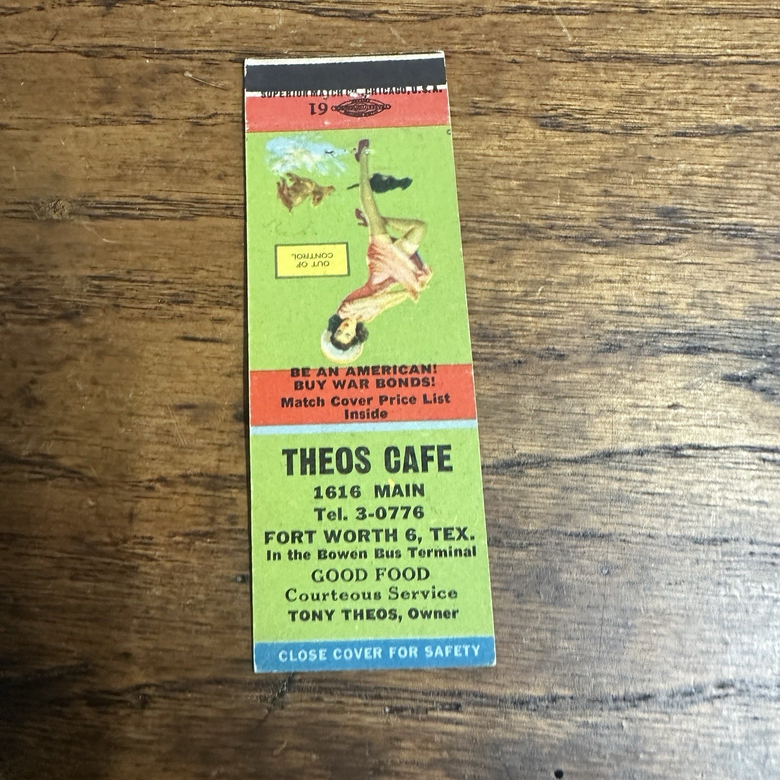1940s 1950s Pinup Girl Girlie Matchbook Cover Theos Cafe Fort Worth Texas