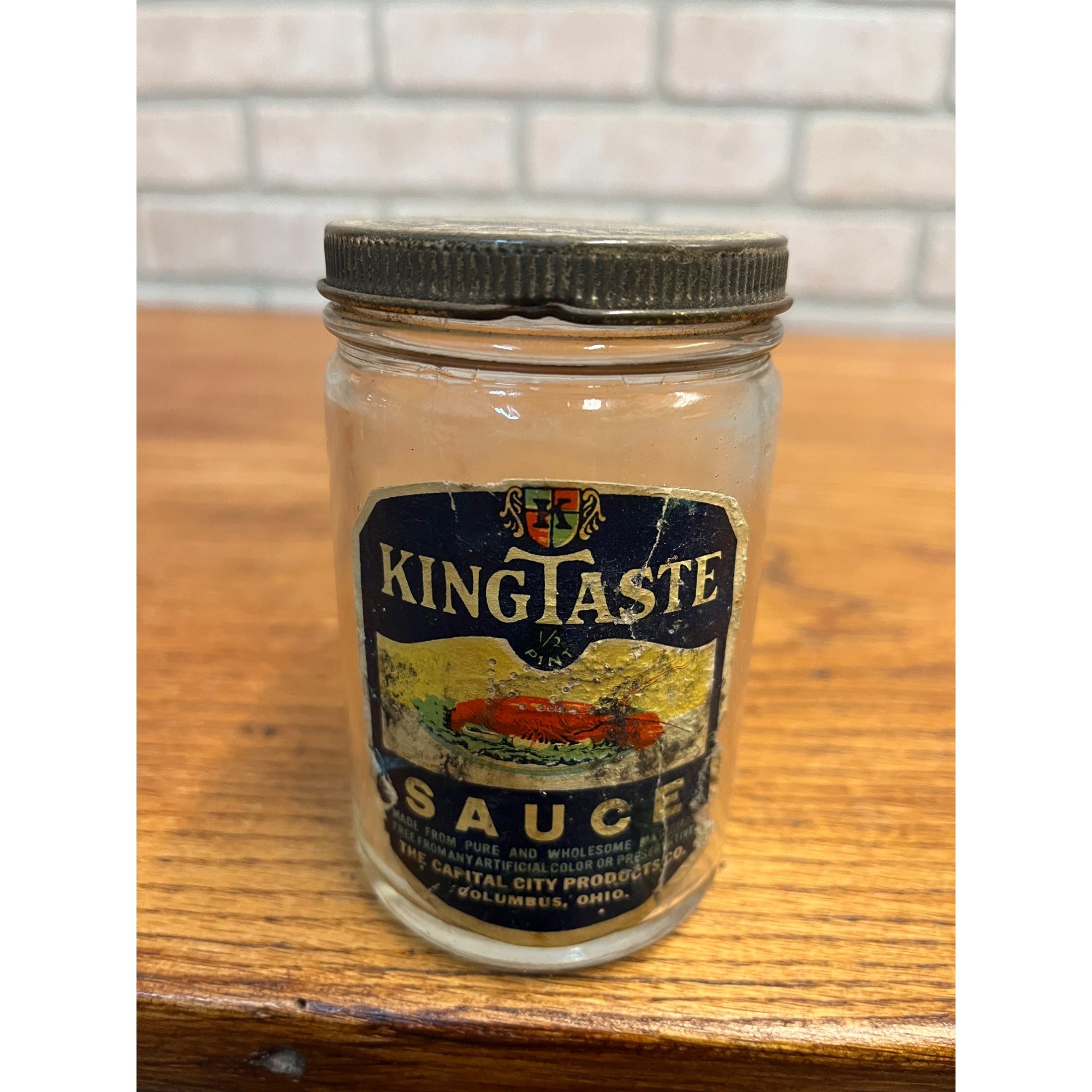 Vintage 1940s KingTaste Sauce Advertising Tin Lid Glass Jar Columbus OH