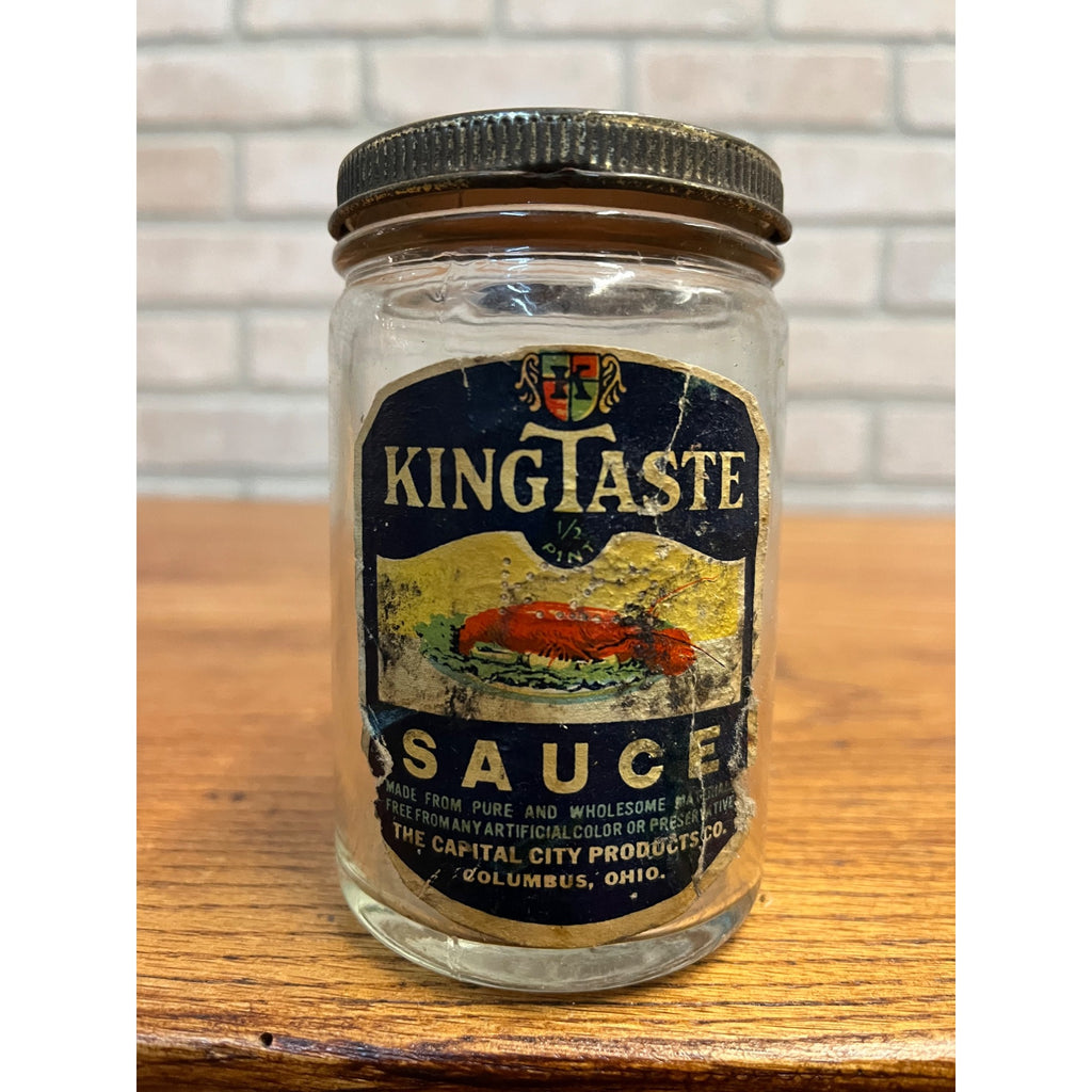 Vintage 1940s KingTaste Sauce Advertising Tin Lid Glass Jar Columbus OH