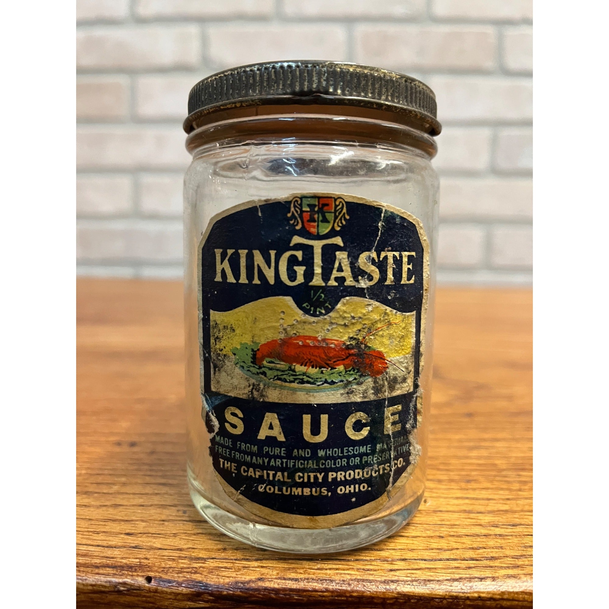 Vintage 1940s KingTaste Sauce Advertising Tin Lid Glass Jar Columbus OH