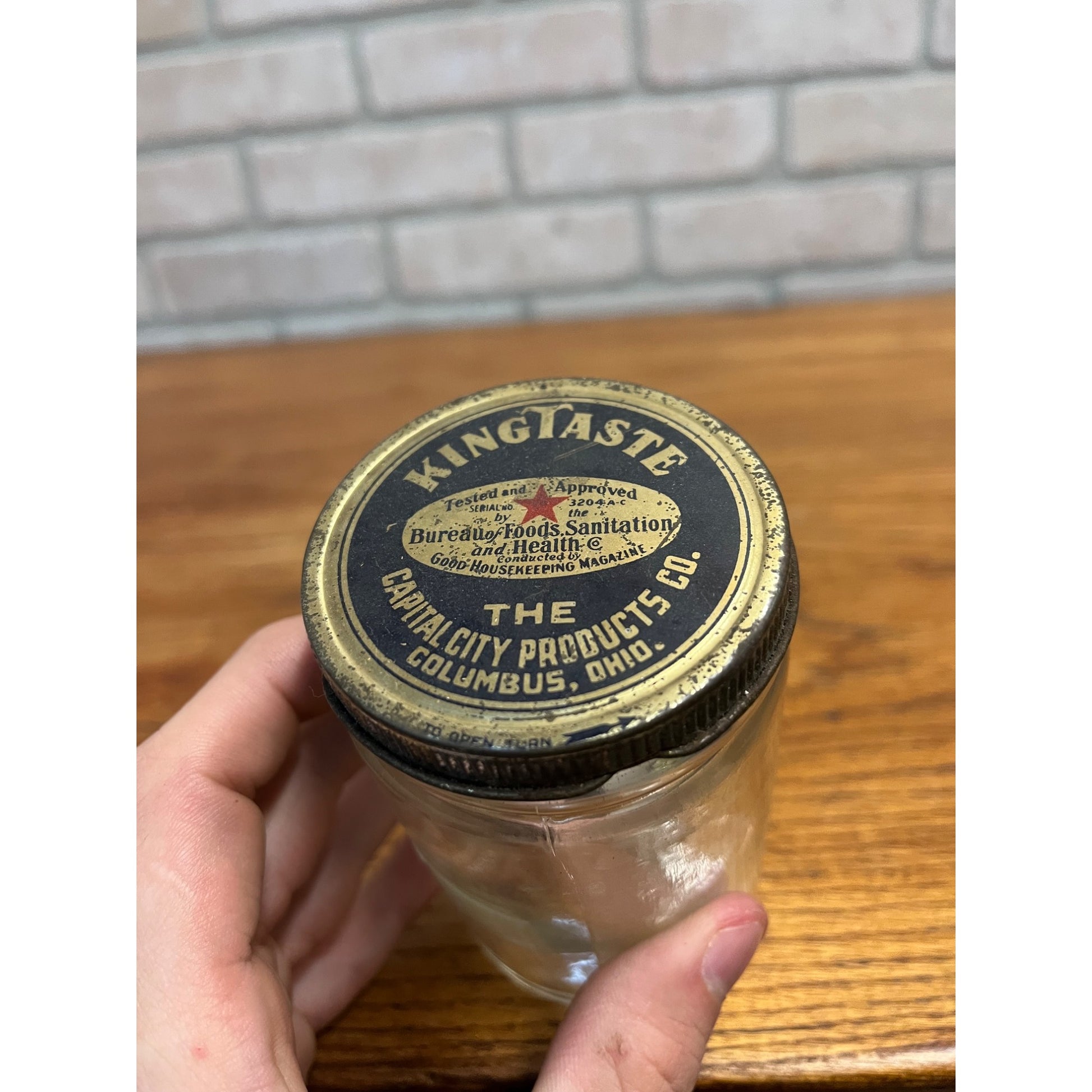 Vintage 1940s KingTaste Sauce Advertising Tin Lid Glass Jar Columbus OH