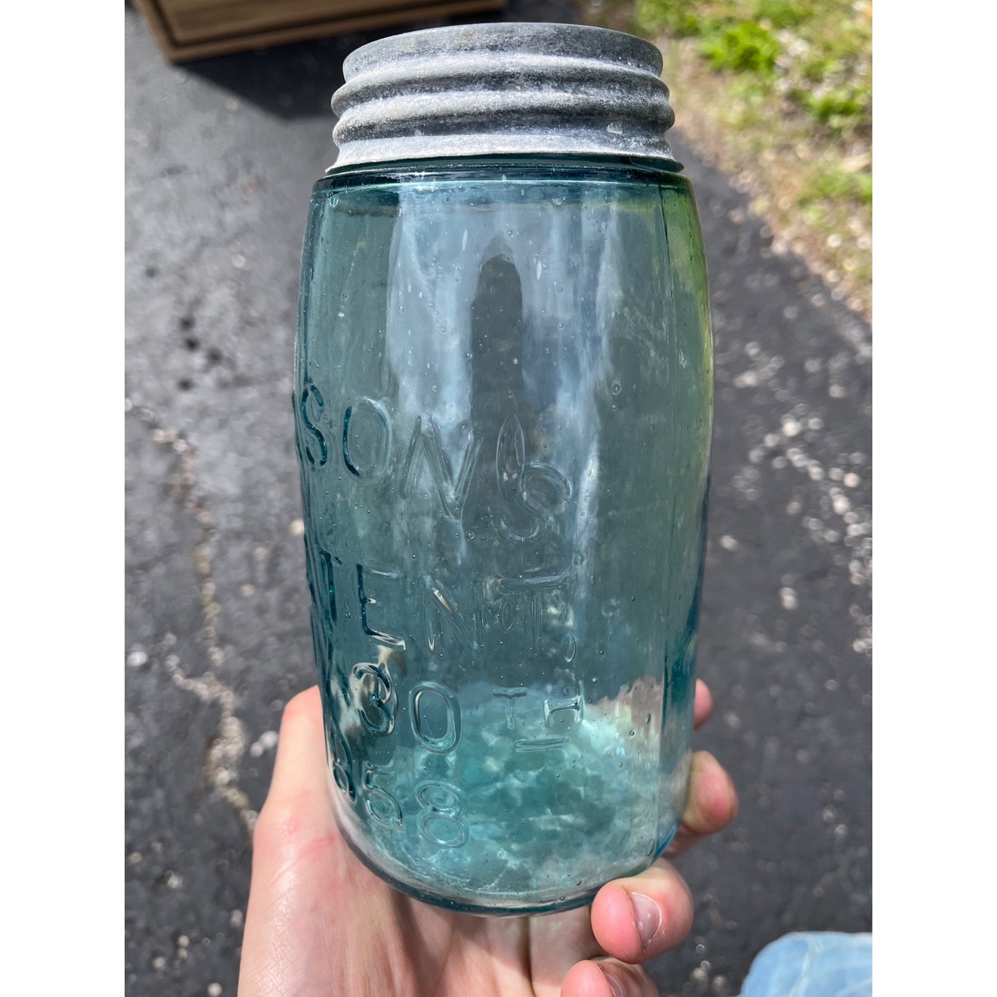Antique Masons Patent 1858 Quart #3A Aqua Blue Canning Jar W/Lid