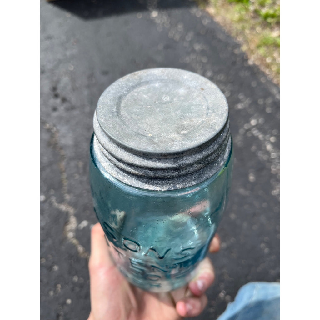 Antique Masons Patent 1858 Quart #3A Aqua Blue Canning Jar W/Lid