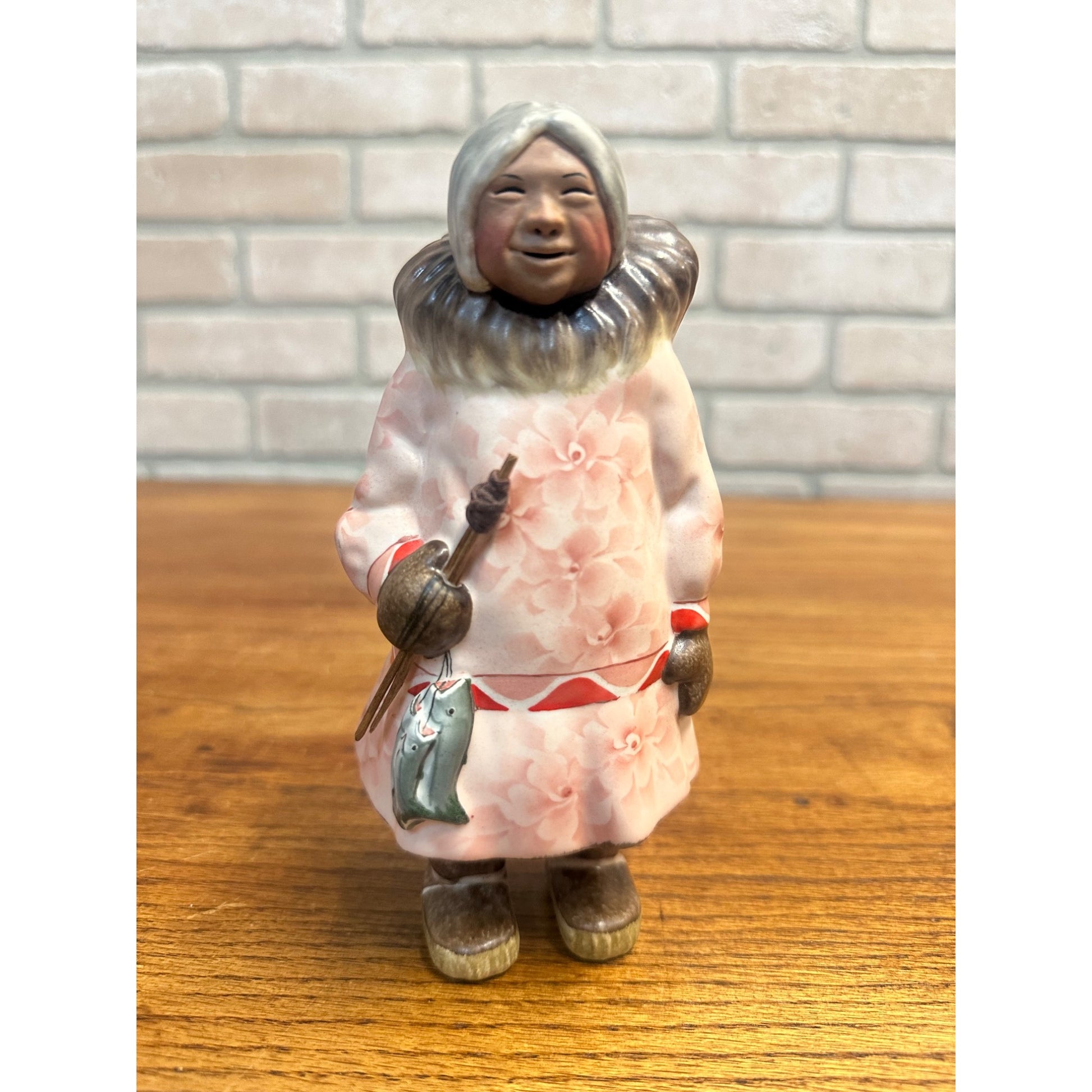 C Alan Johnson Rachel Alaska Inuit Eskimo Figurine Signed 1962 Pink Floral Parka