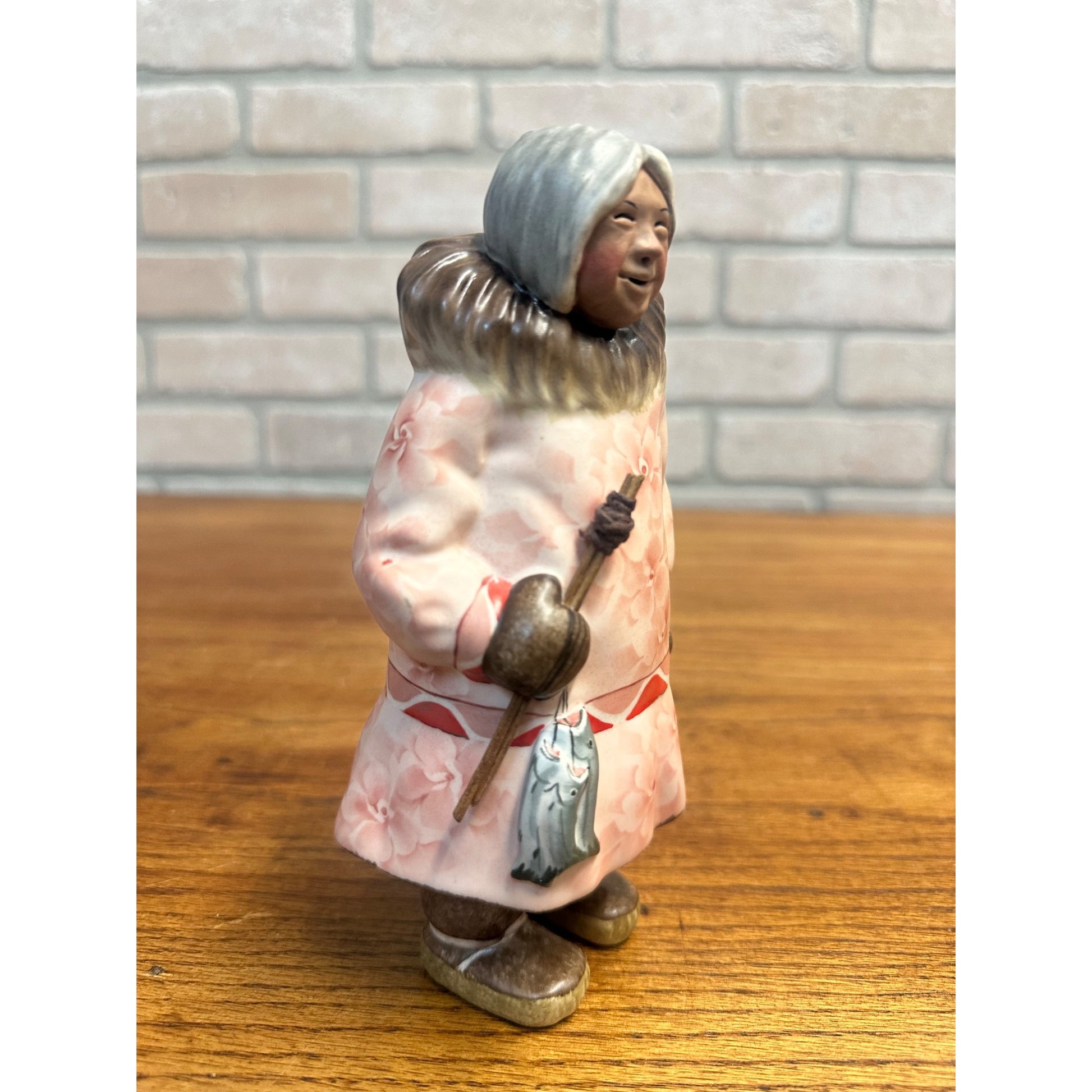 C Alan Johnson Rachel Alaska Inuit Eskimo Figurine Signed 1962 Pink Floral Parka