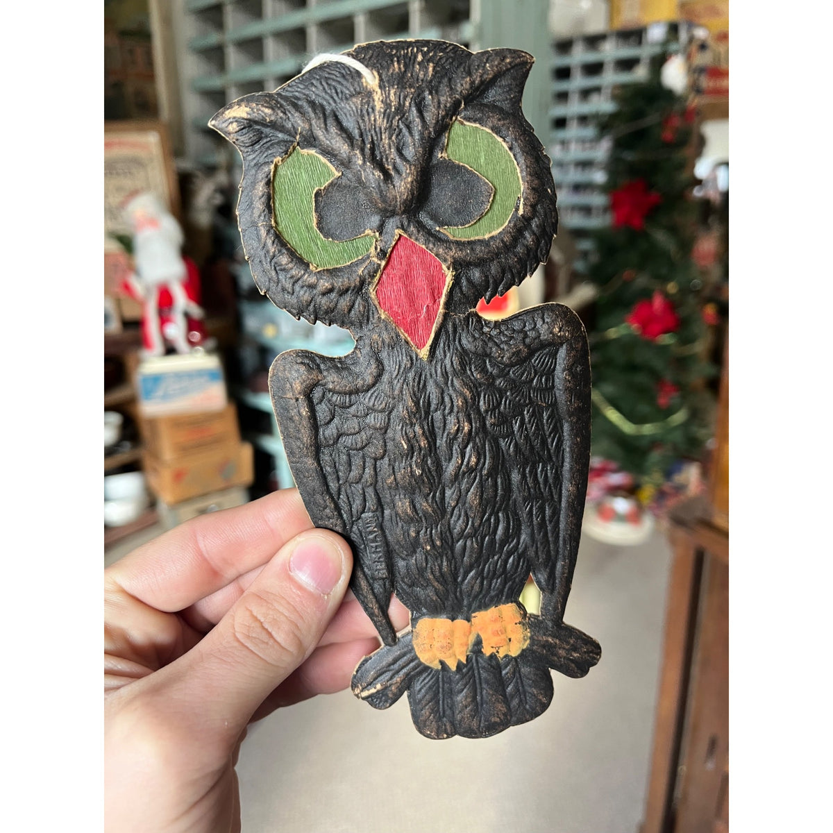 Antique 1920s German Halloween Diecut Owl 7.5" w/ Crepe Transparent Insert