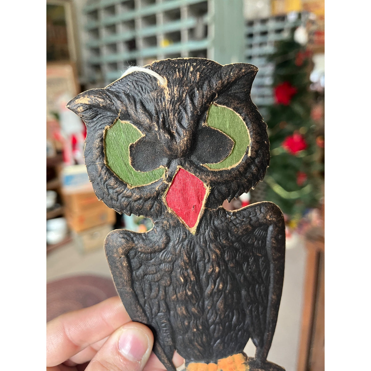Antique 1920s German Halloween Diecut Owl 7.5" w/ Crepe Transparent Insert