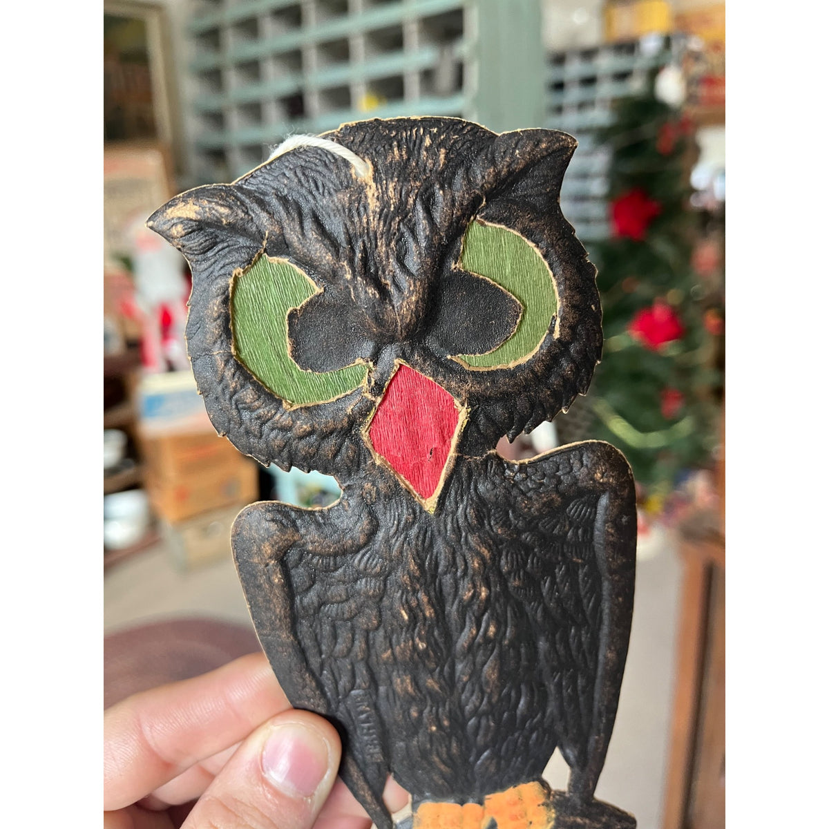 Antique 1920s German Halloween Diecut Owl 7.5" w/ Crepe Transparent Insert