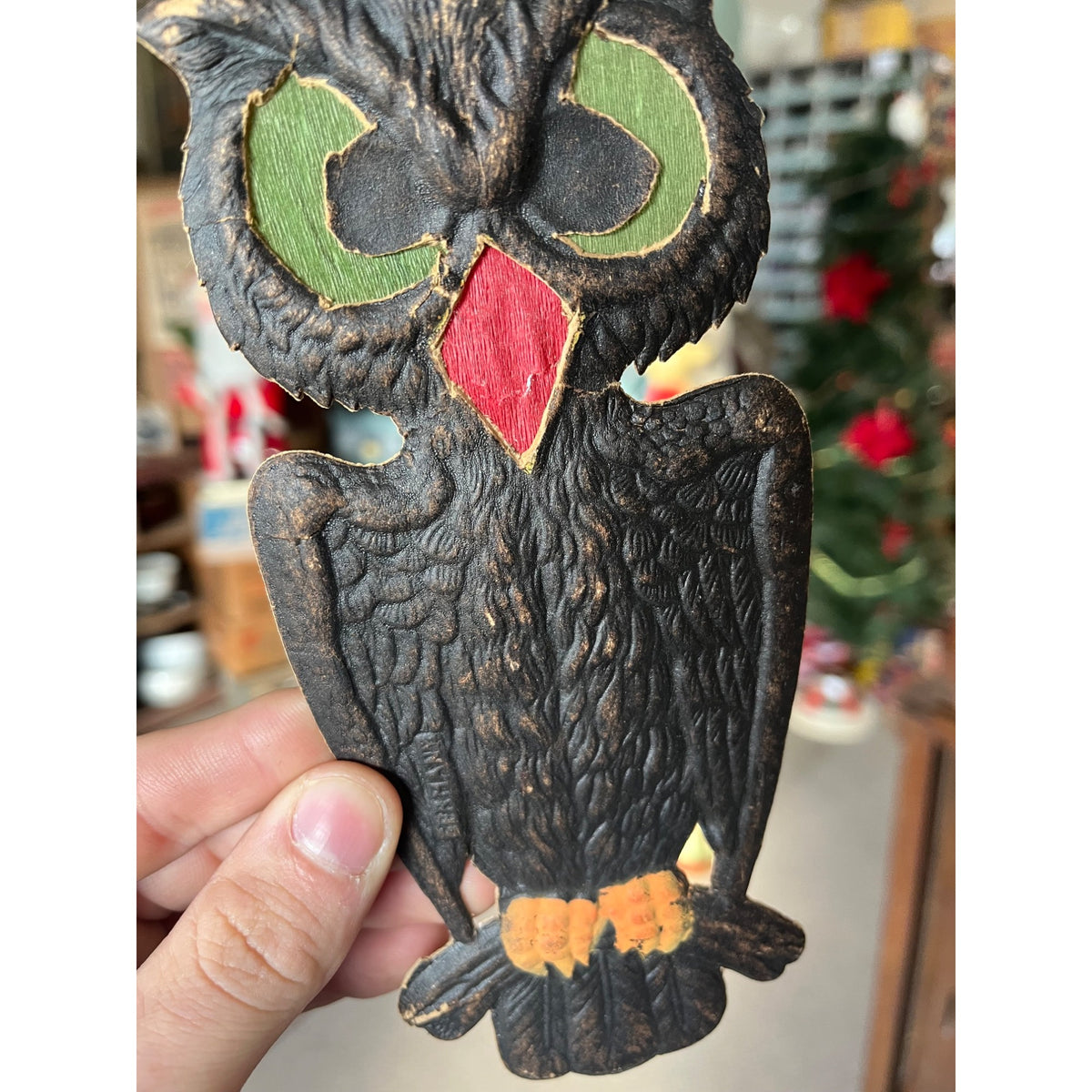 Antique 1920s German Halloween Diecut Owl 7.5" w/ Crepe Transparent Insert