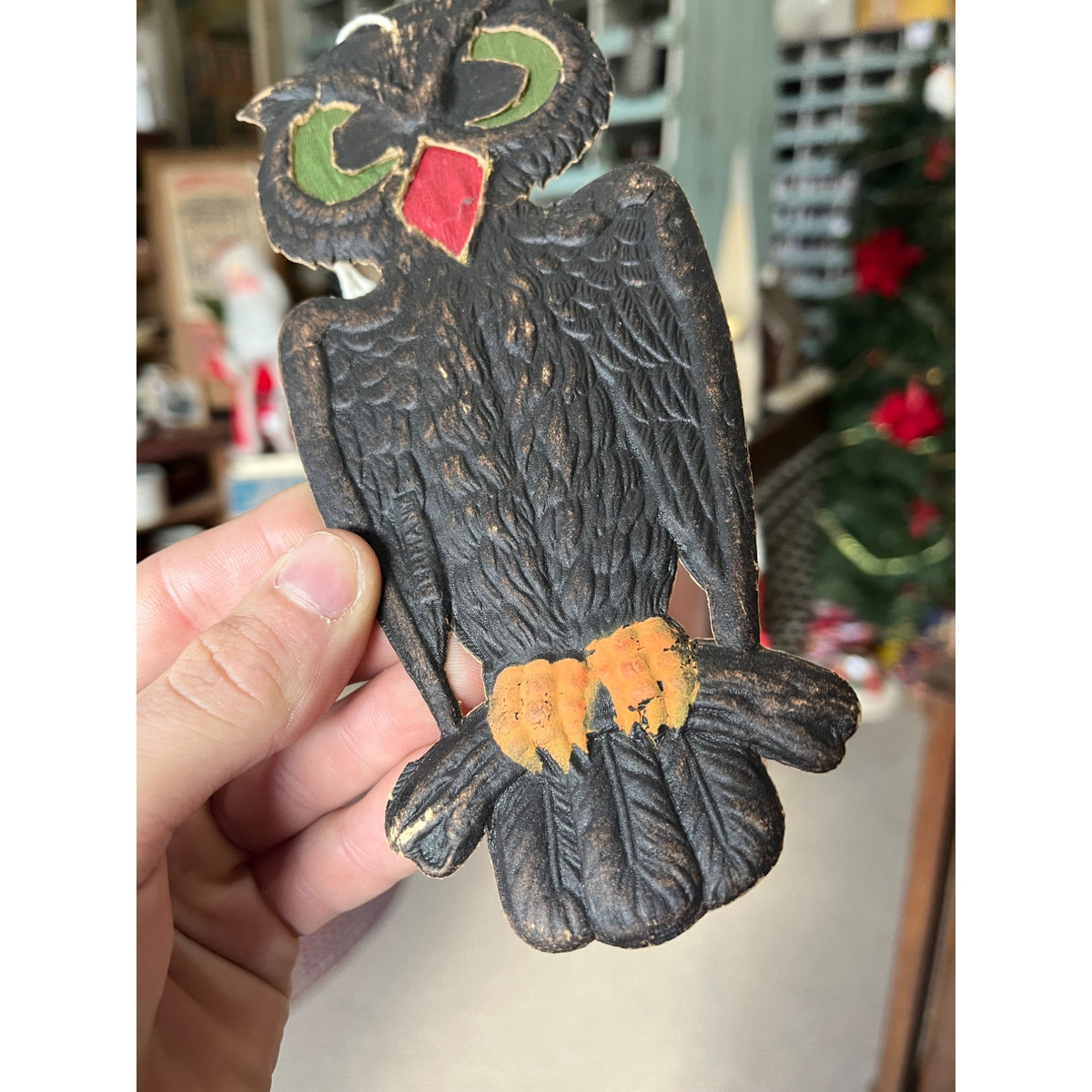 Antique 1920s German Halloween Diecut Owl 7.5" w/ Crepe Transparent Insert