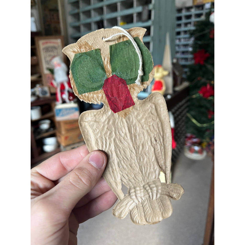 Antique 1920s German Halloween Diecut Owl 7.5" w/ Crepe Transparent Insert