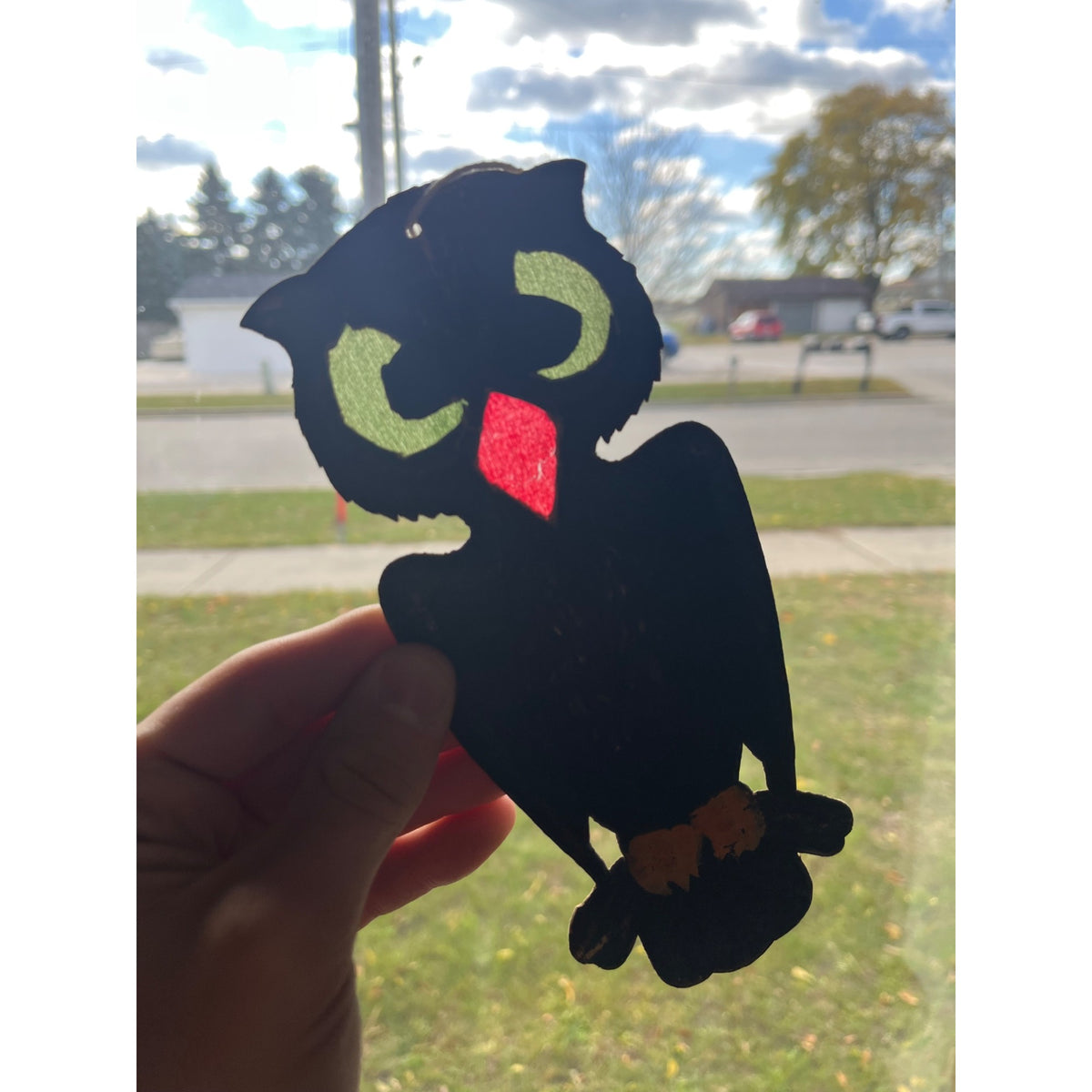 Antique 1920s German Halloween Diecut Owl 7.5" w/ Crepe Transparent Insert