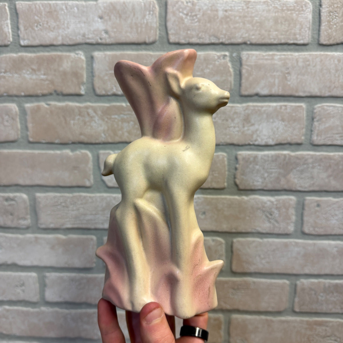 Vintage Rosemeade Pottery North Dakota Deer Doe Vase Light Pink & White