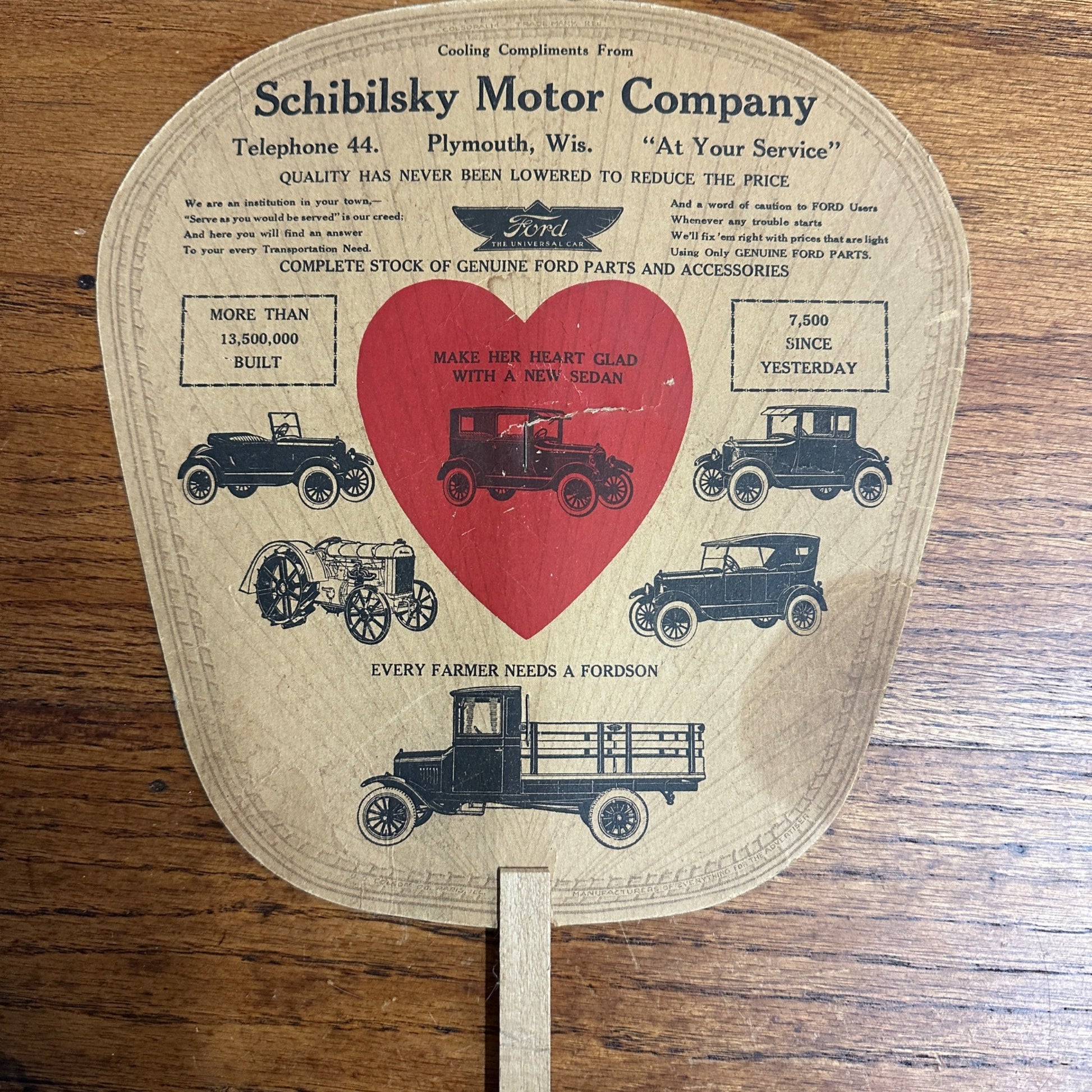 Ford Dealer Fan Promo Schibilsky Motor Co. Plymouth WI 1917