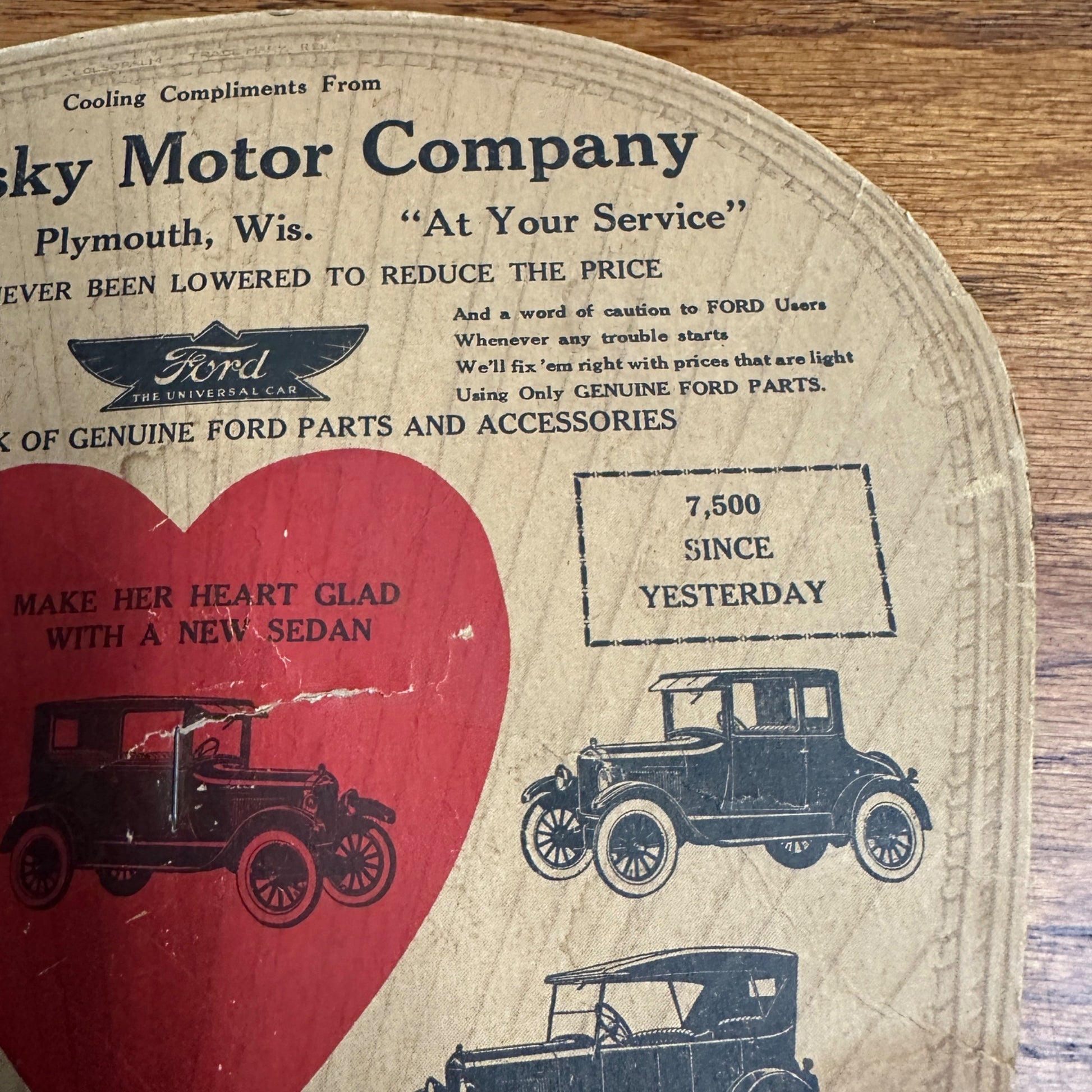 Ford Dealer Fan Promo Schibilsky Motor Co. Plymouth WI 1917