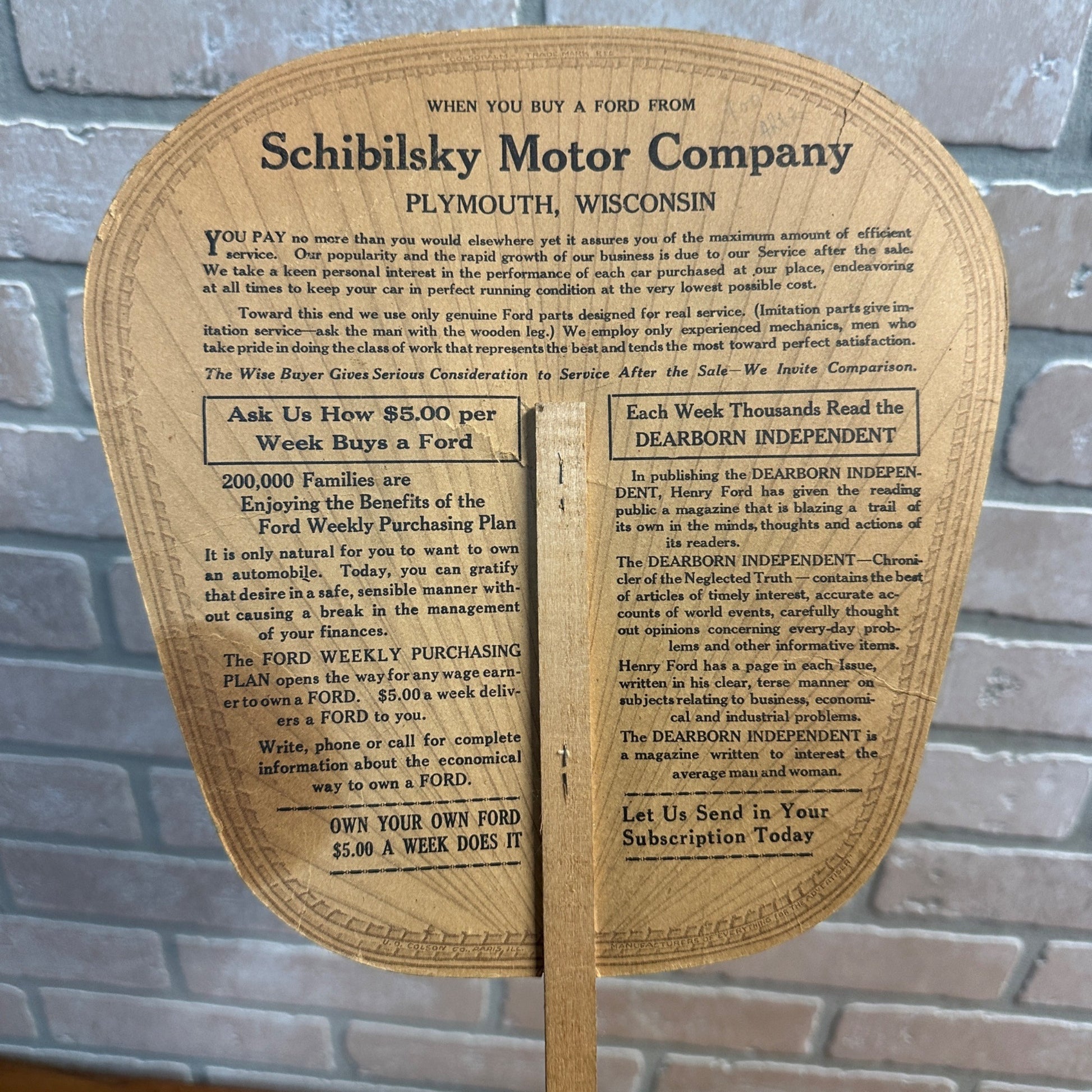 Ford Dealer Fan Promo Schibilsky Motor Co. Plymouth WI 1917