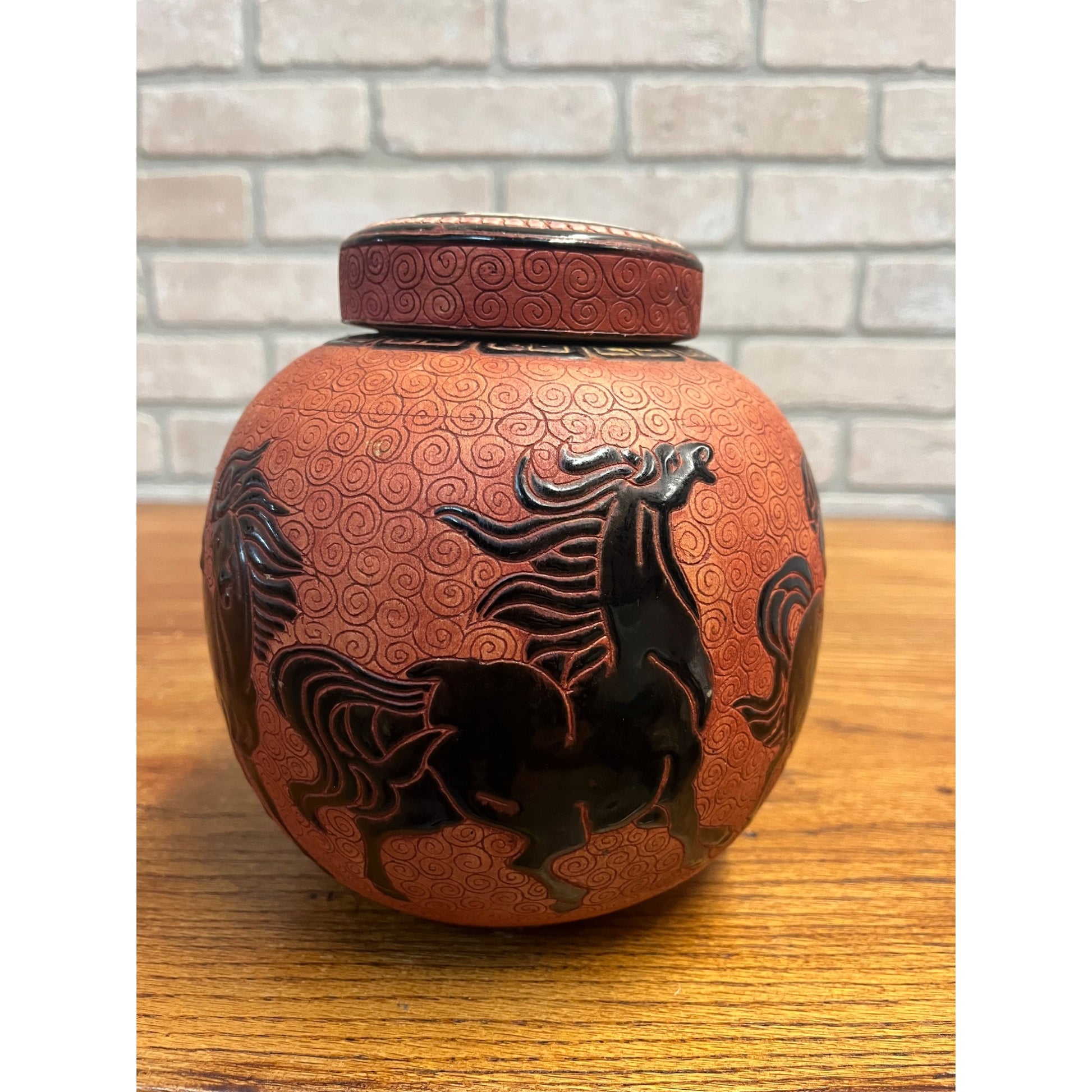 Vintage Dana Ceramic Ginger Jar Incised Black Horses Running Red Swirl Vietnam