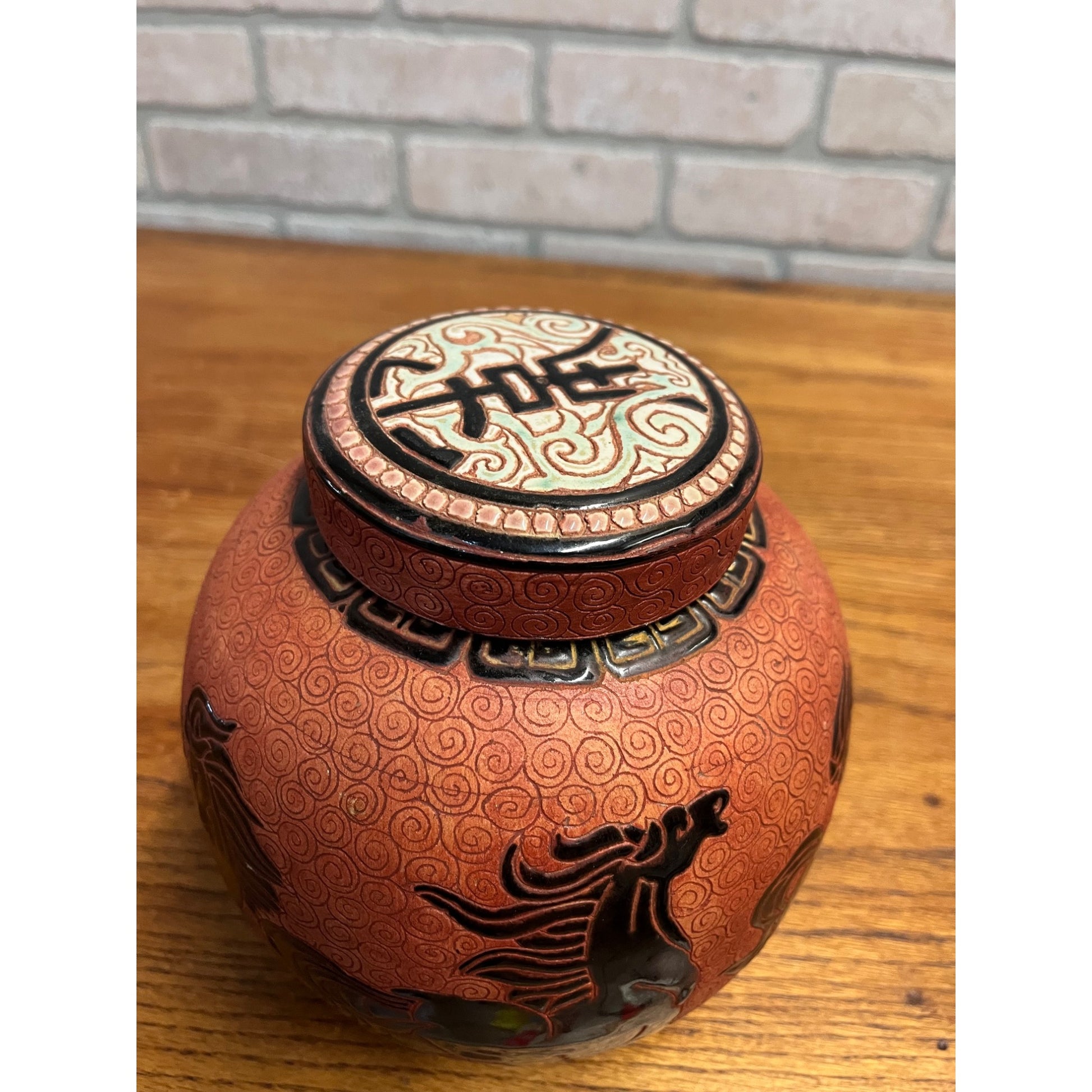 Vintage Dana Ceramic Ginger Jar Incised Black Horses Running Red Swirl Vietnam