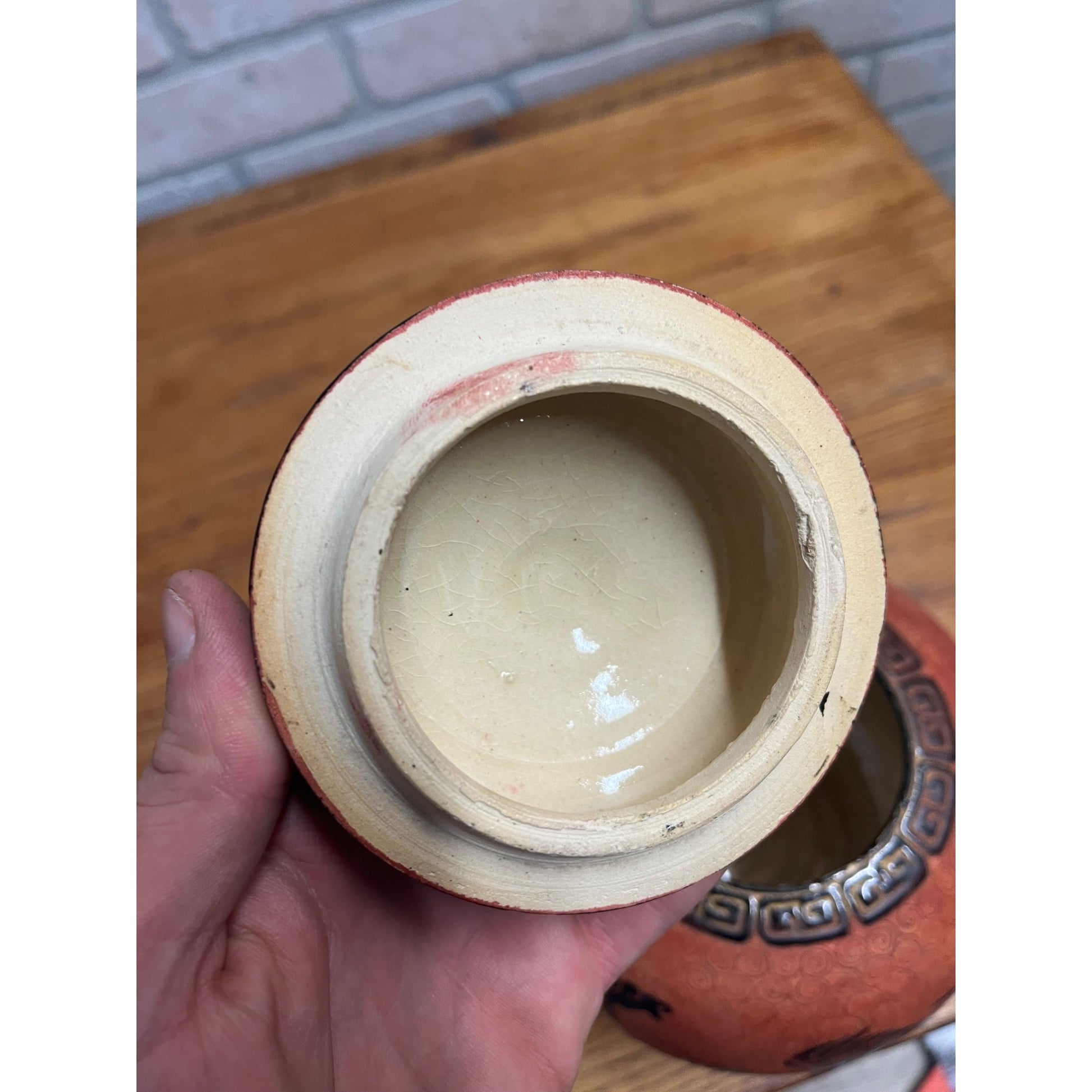 Vintage Dana Ceramic Ginger Jar Incised Black Horses Running Red Swirl Vietnam