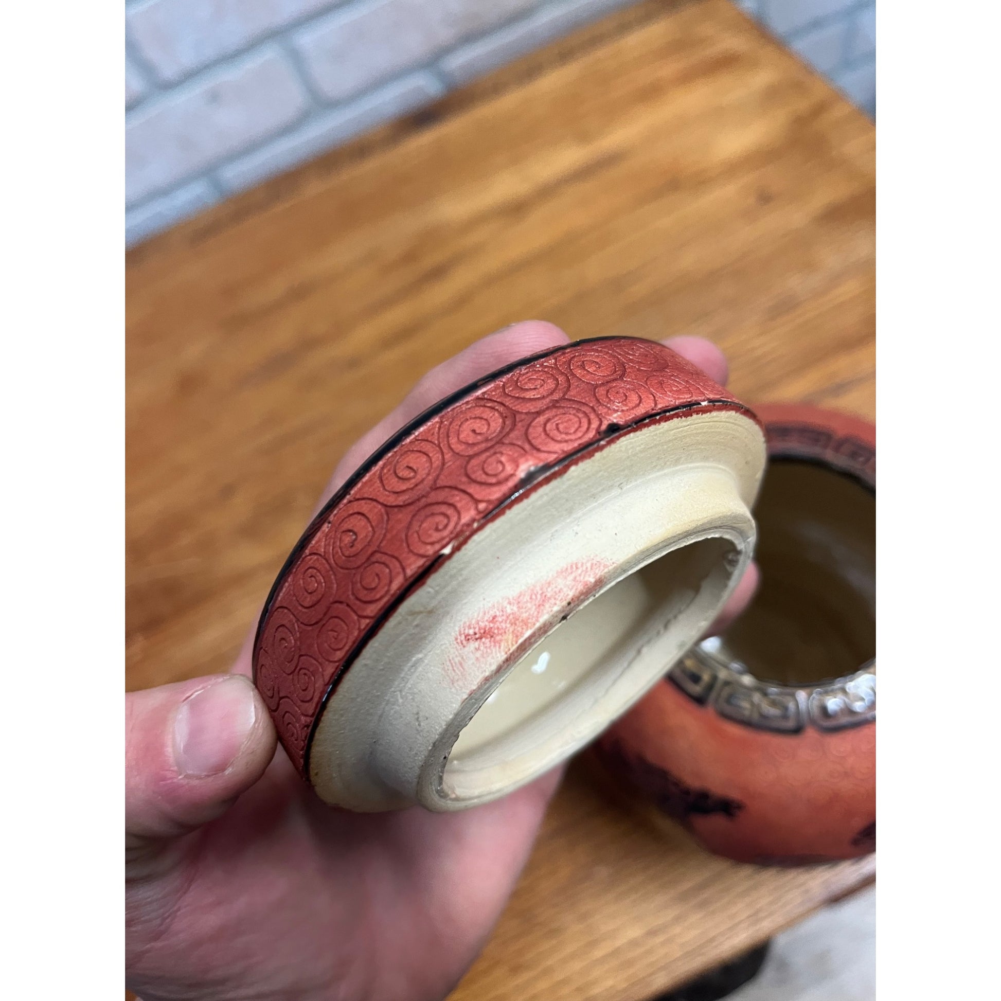 Vintage Dana Ceramic Ginger Jar Incised Black Horses Running Red Swirl Vietnam