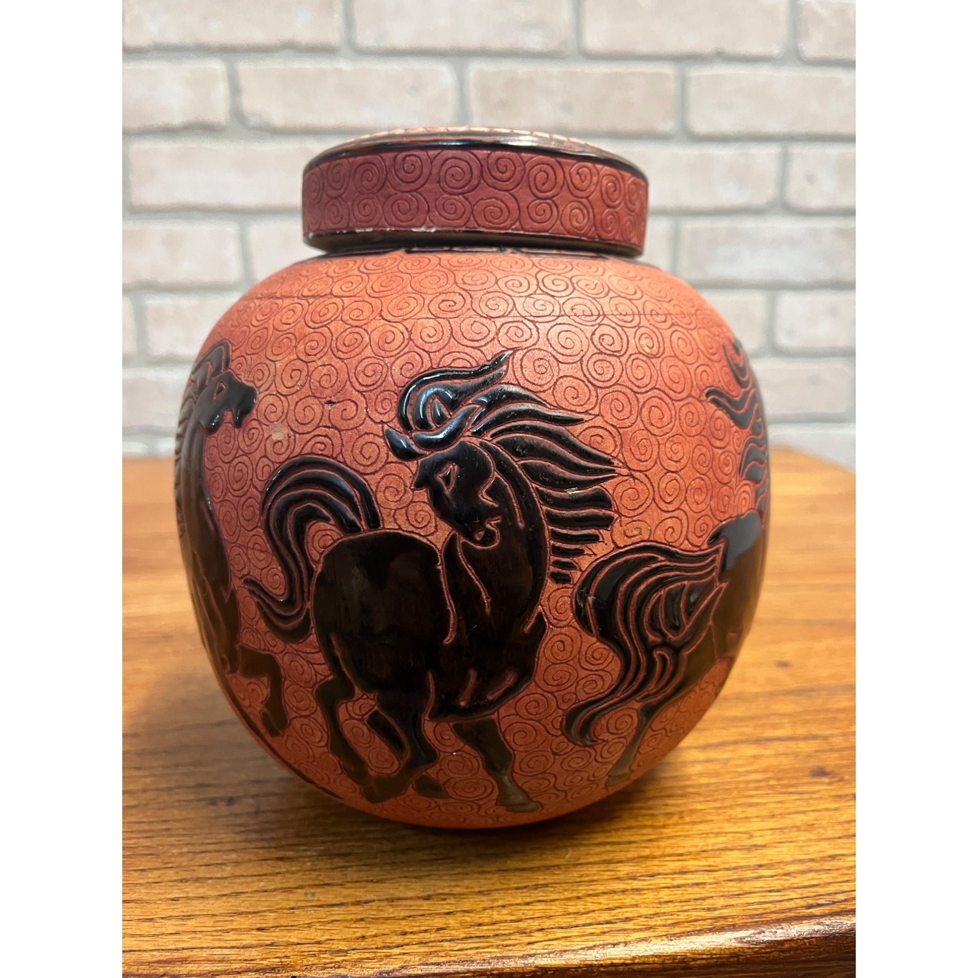 Vintage Dana Ceramic Ginger Jar Incised Black Horses Running Red Swirl Vietnam