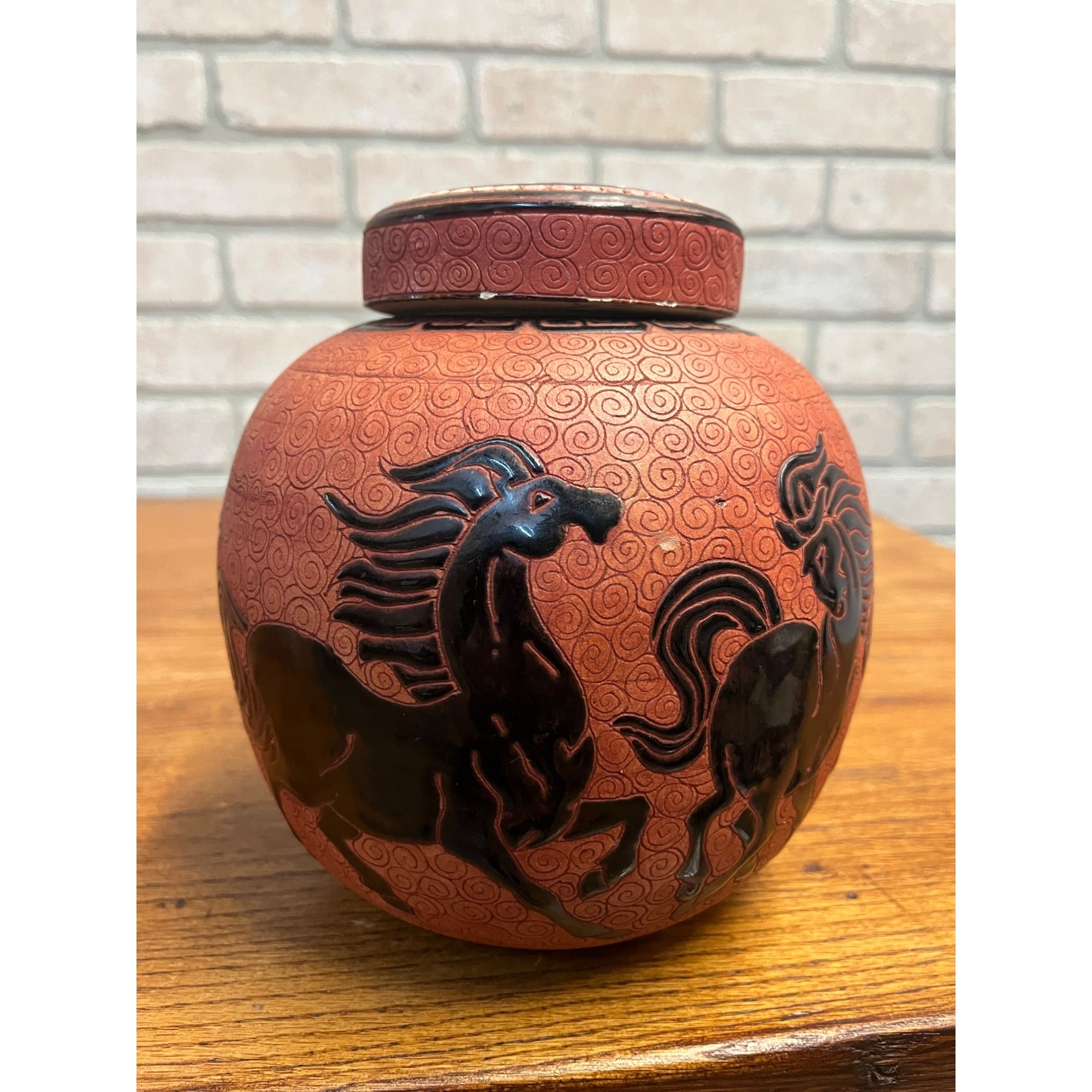 Vintage Dana Ceramic Ginger Jar Incised Black Horses Running Red Swirl Vietnam