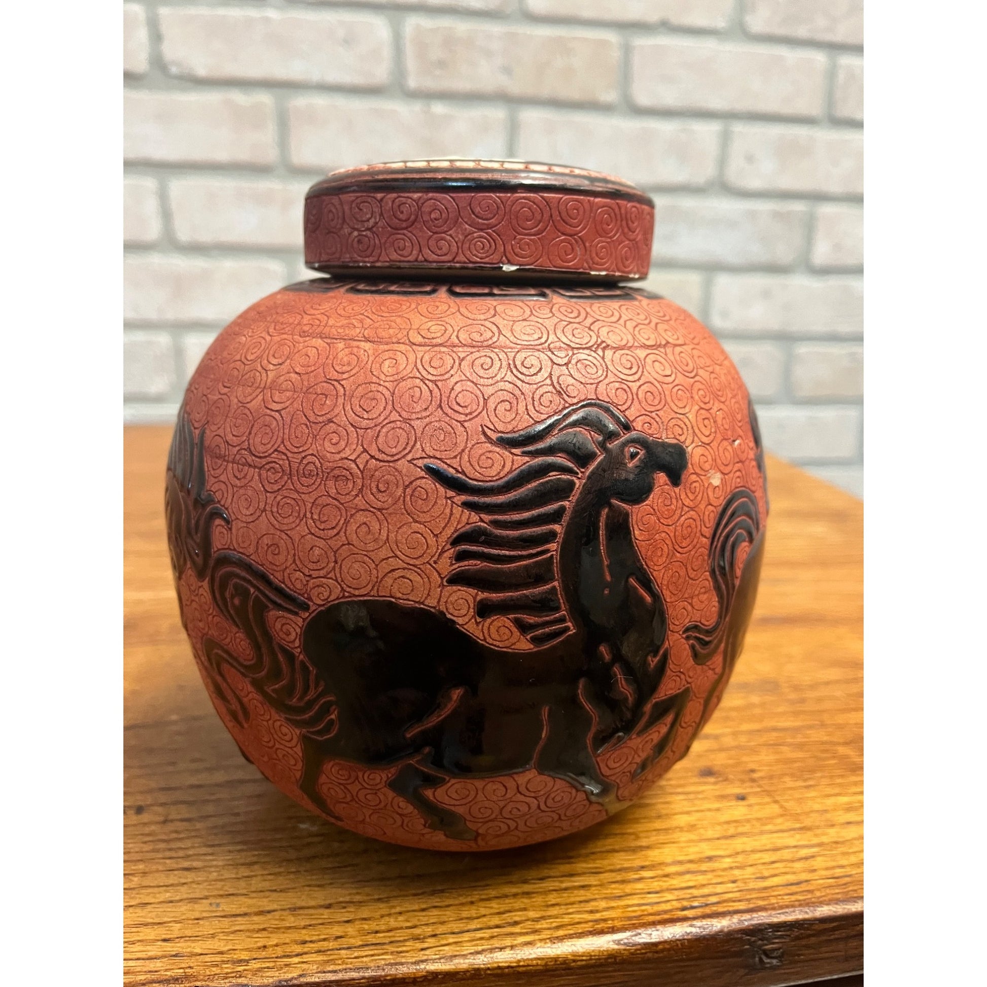 Vintage Dana Ceramic Ginger Jar Incised Black Horses Running Red Swirl Vietnam