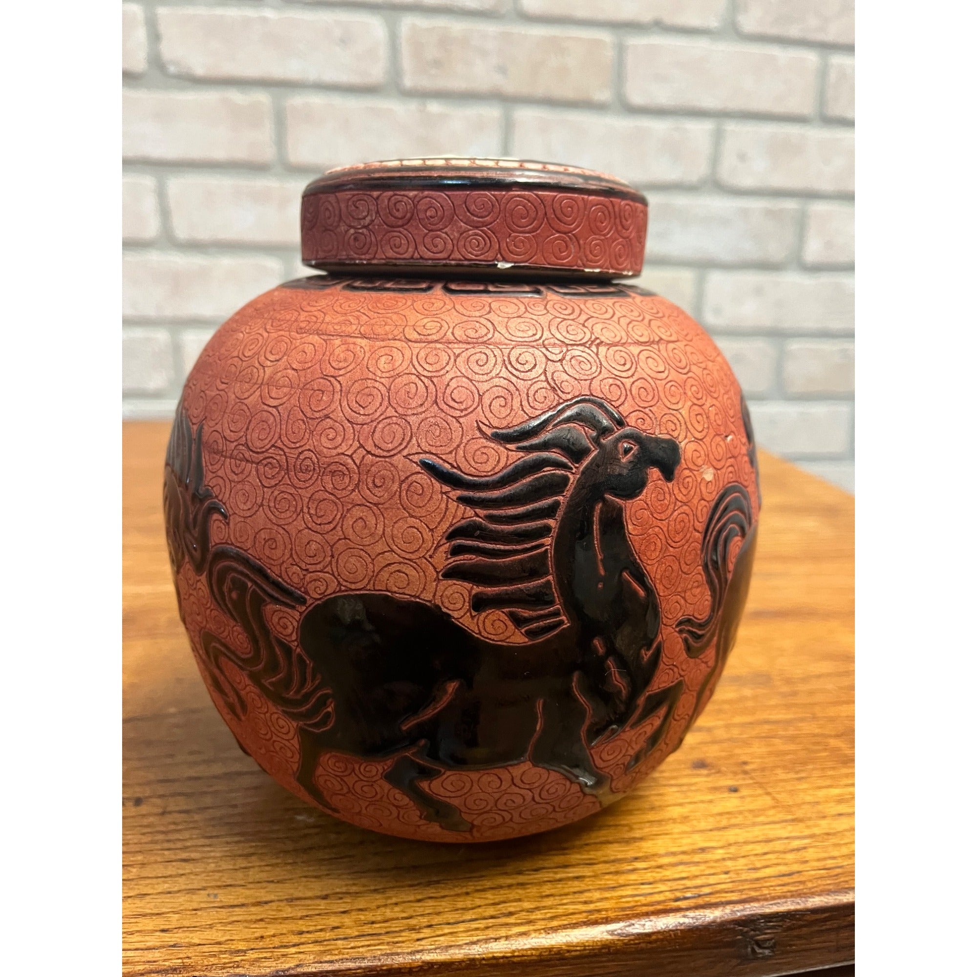 Vintage Dana Ceramic Ginger Jar Incised Black Horses Running Red Swirl Vietnam