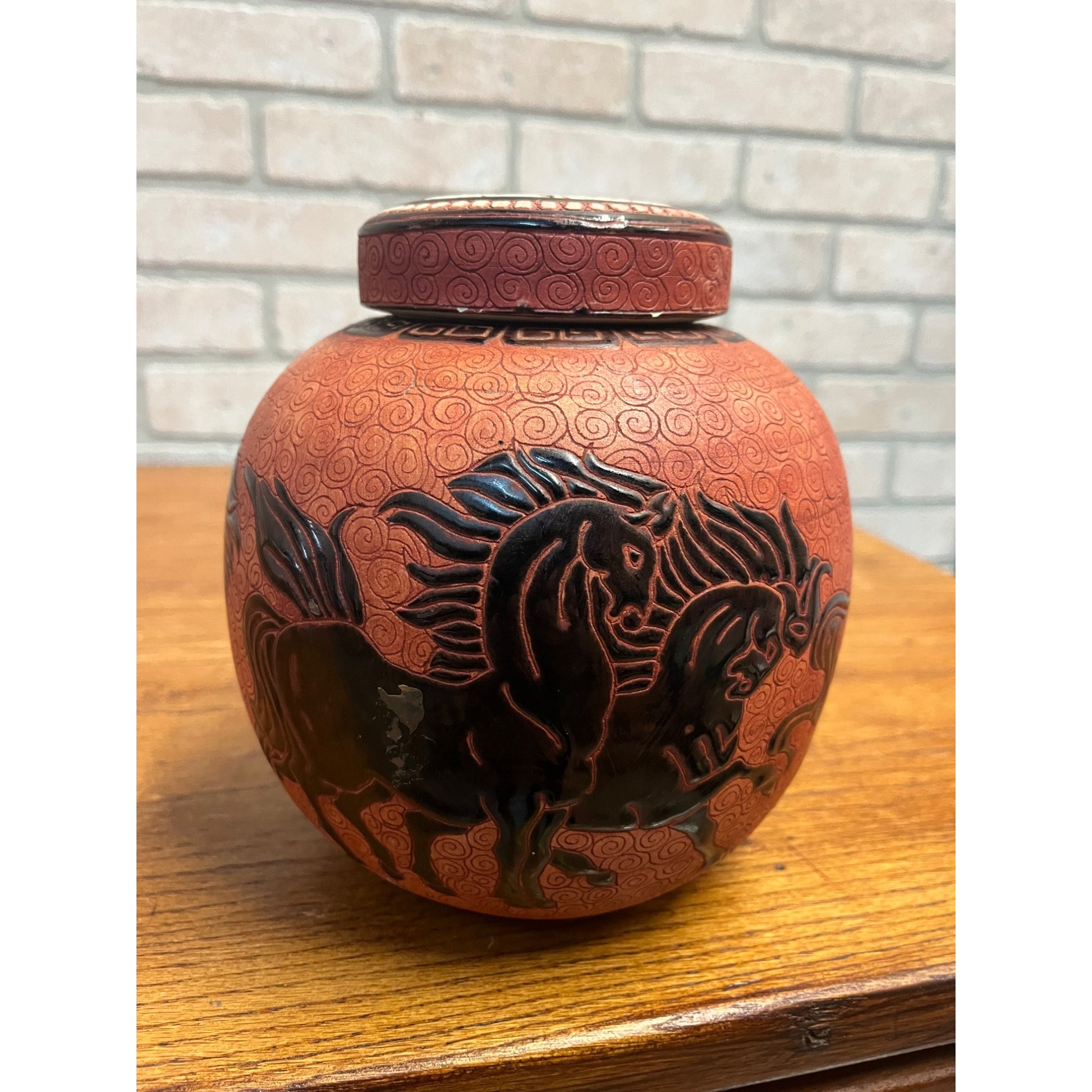 Vintage Dana Ceramic Ginger Jar Incised Black Horses Running Red Swirl Vietnam