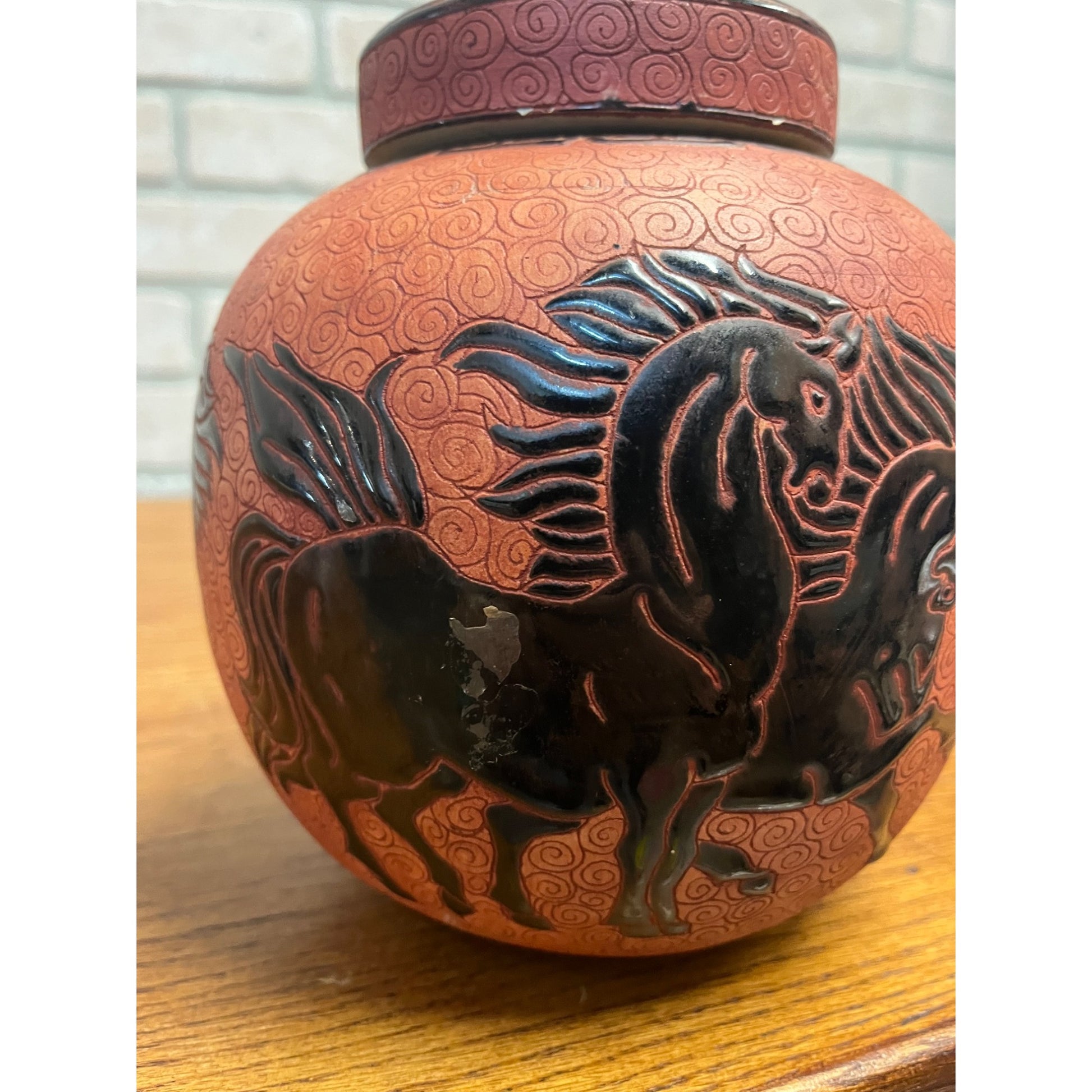 Vintage Dana Ceramic Ginger Jar Incised Black Horses Running Red Swirl Vietnam