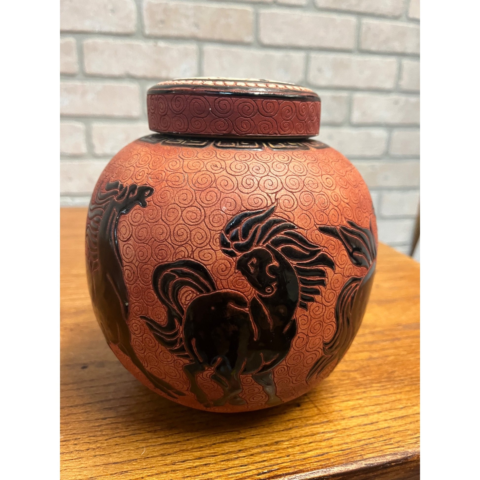 Vintage Dana Ceramic Ginger Jar Incised Black Horses Running Red Swirl Vietnam