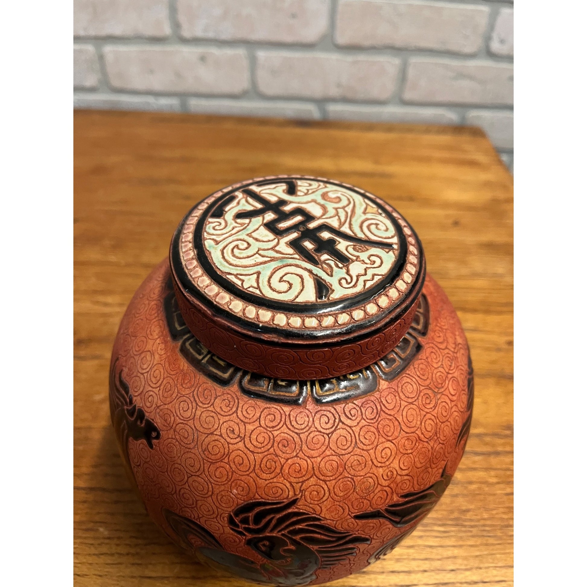 Vintage Dana Ceramic Ginger Jar Incised Black Horses Running Red Swirl Vietnam