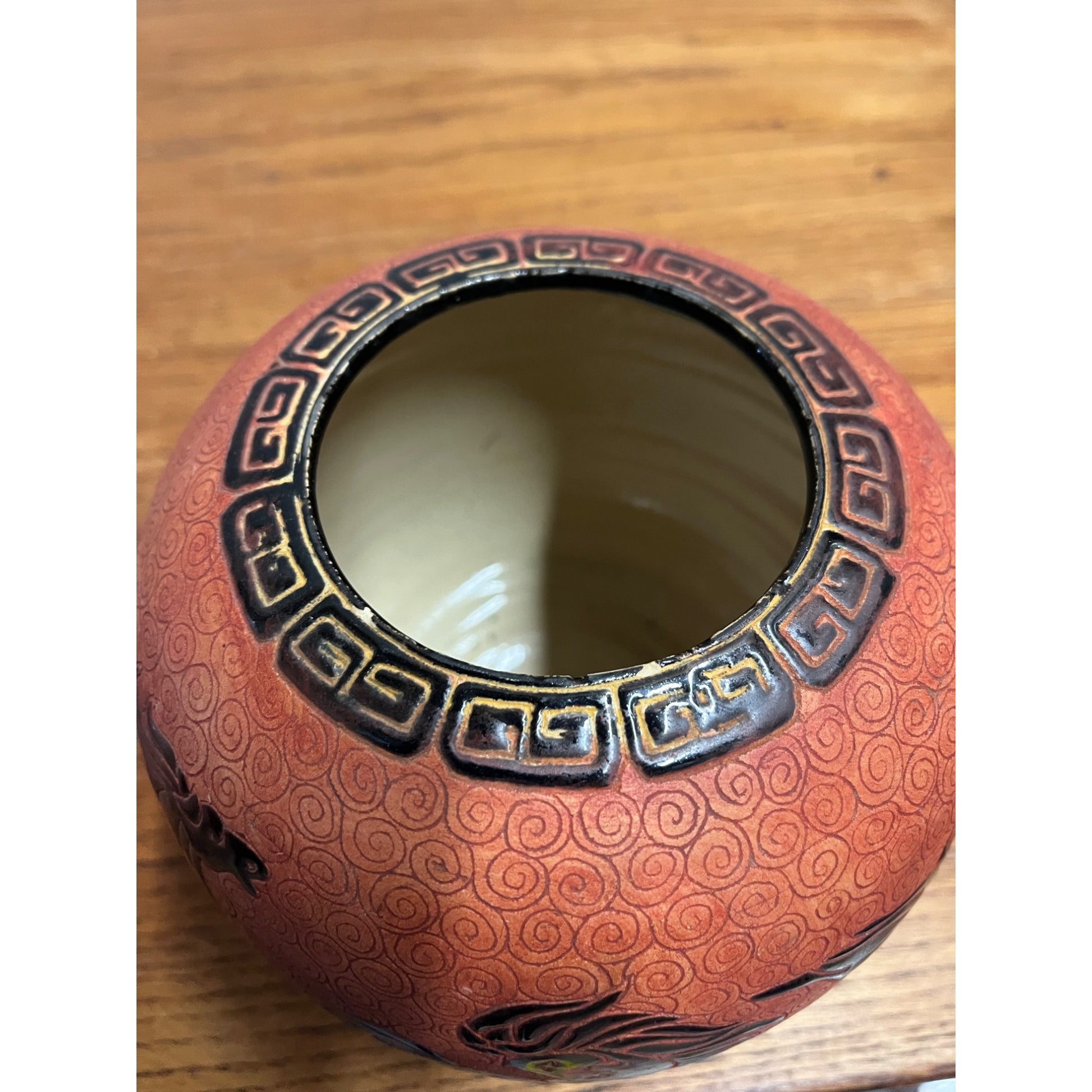 Vintage Dana Ceramic Ginger Jar Incised Black Horses Running Red Swirl Vietnam