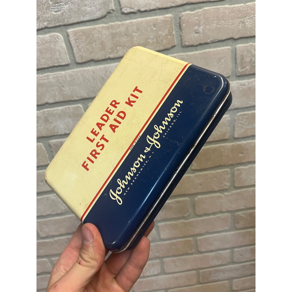 Vintage Johnson & Johnson Leader First Aid Kit Tin Metal Medical Box Empty