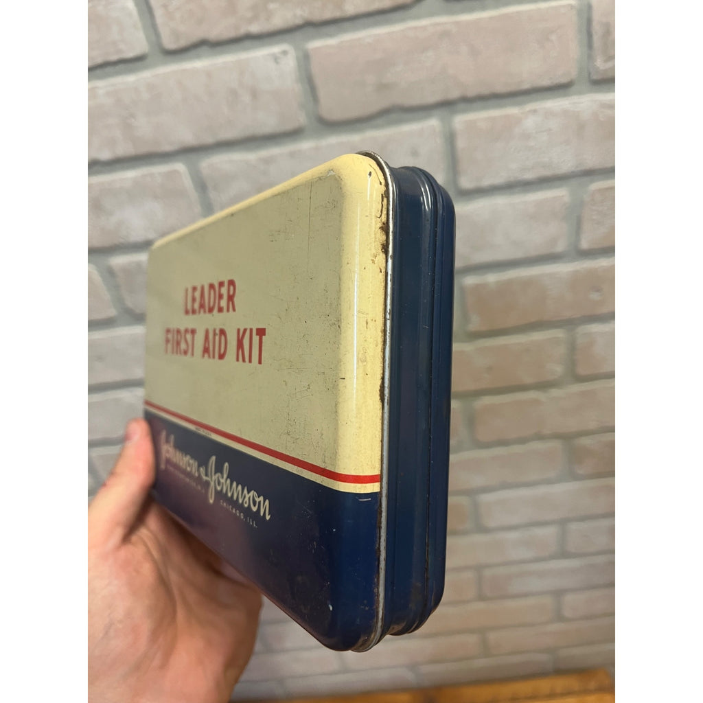 Vintage Johnson & Johnson Leader First Aid Kit Tin Metal Medical Box Empty