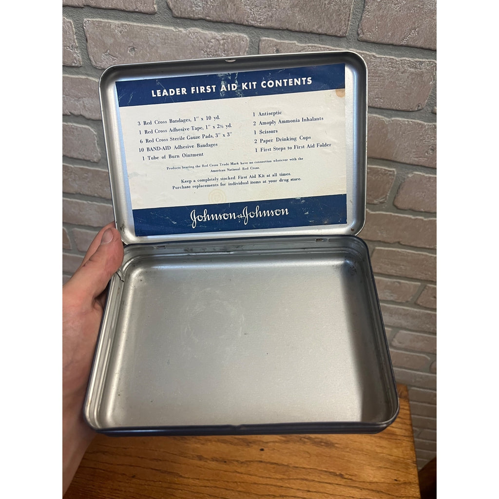 Vintage Johnson & Johnson Leader First Aid Kit Tin Metal Medical Box Empty