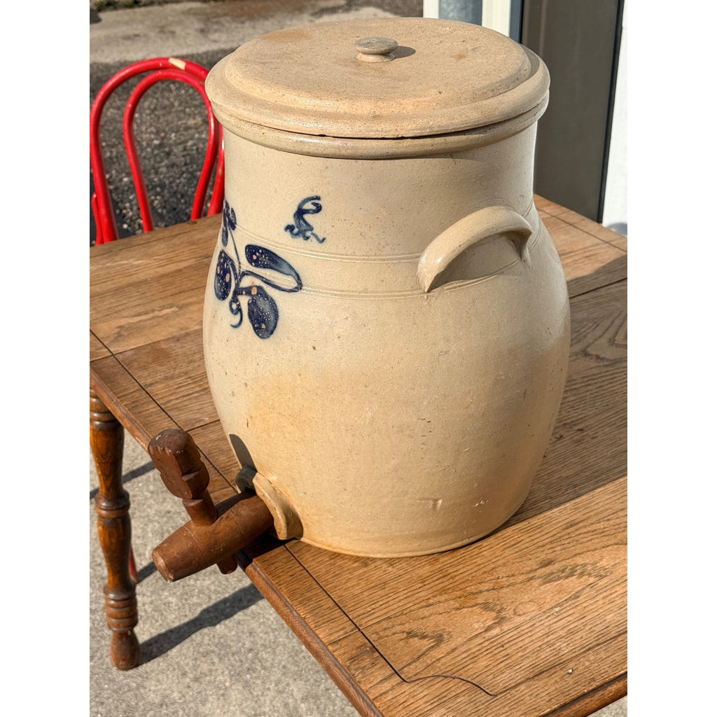 Antique 19th c. Stoneware Salt Glaze Water Cooler Cobalt Weeks Bros Ohio w/ Lid