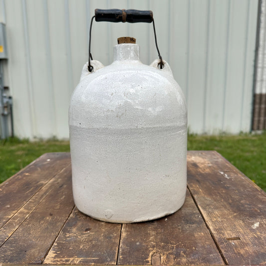 Antique White Stoneware Glazed Jug Crock w/ Bail Handle