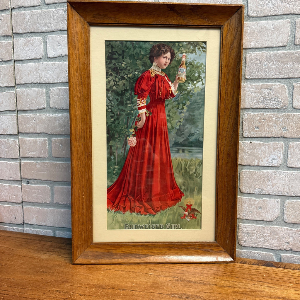 1907 Anheuser-Busch Budweiser Beer Girl Reprint Litho Bar Sign Framed