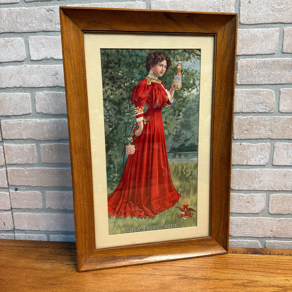 1907 Anheuser-Busch Budweiser Beer Girl Reprint Litho Bar Sign Framed