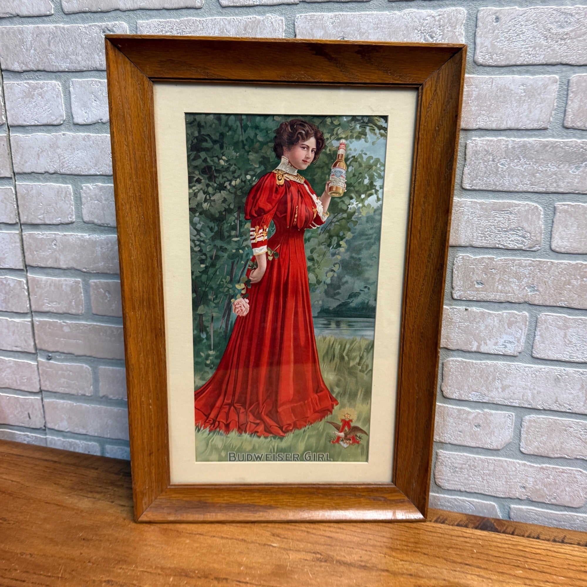 1907 Anheuser-Busch Budweiser Beer Girl Reprint Litho Bar Sign Framed