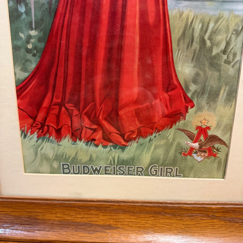 1907 Anheuser-Busch Budweiser Beer Girl Reprint Litho Bar Sign Framed