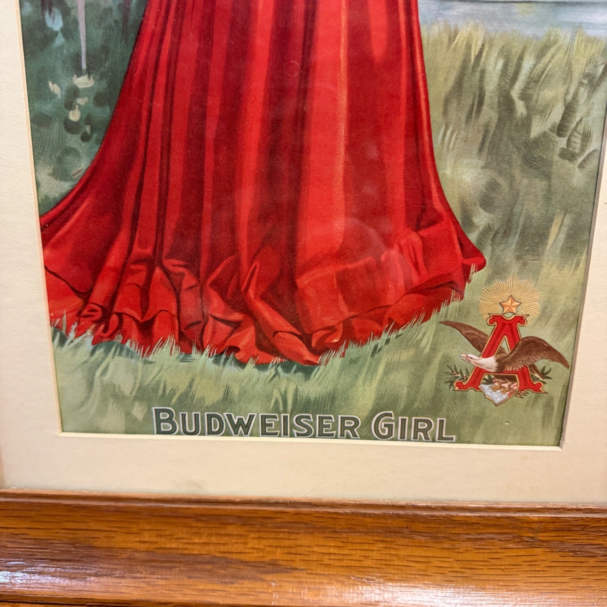 1907 Anheuser-Busch Budweiser Beer Girl Reprint Litho Bar Sign Framed