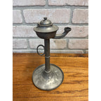 Antique Primitive 19th c. Whale Oil Lard Betty Oil Lamp Pewter 8" Farmhouse