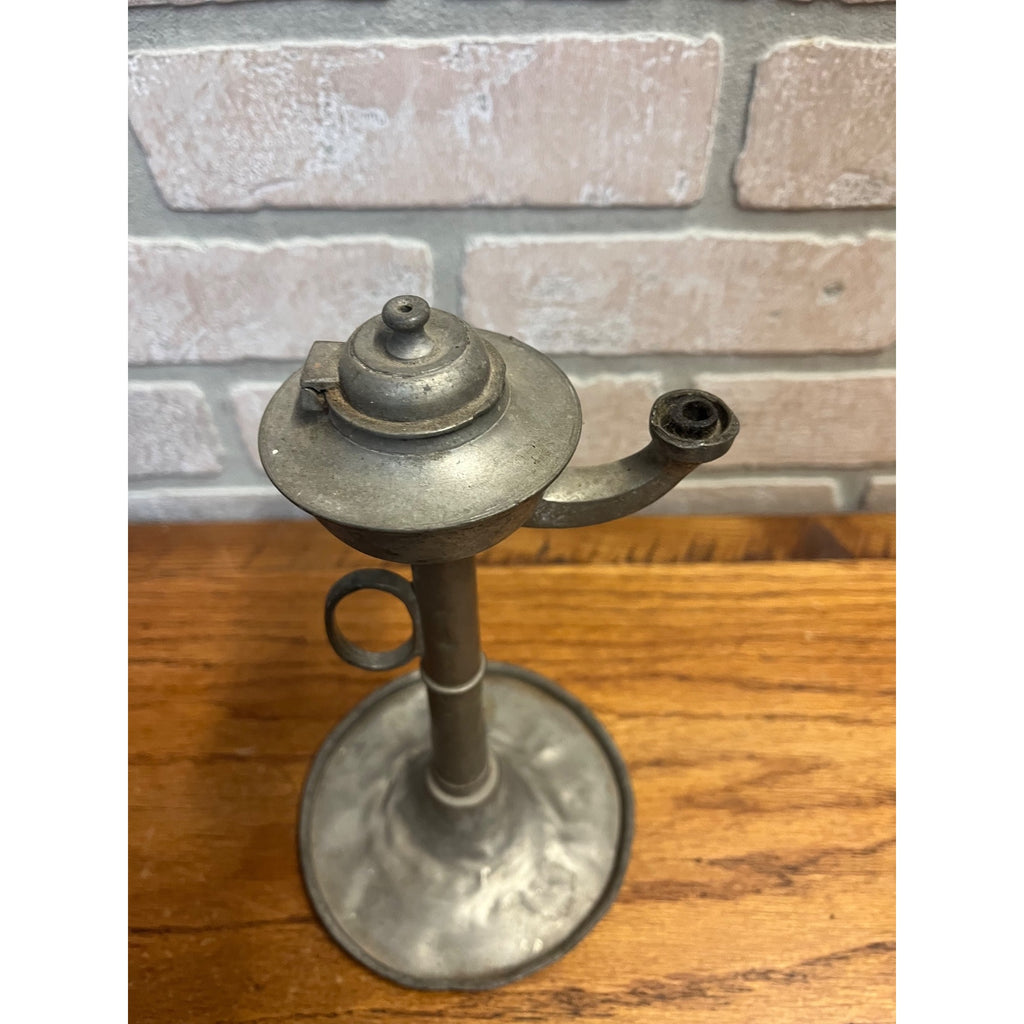 Antique Primitive 19th c. Whale Oil Lard Betty Oil Lamp Pewter 8" Farmhouse