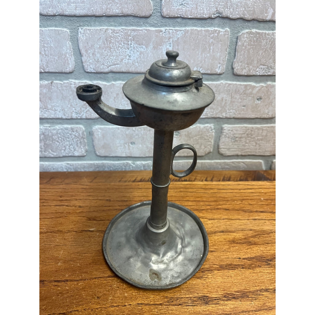 Antique Primitive 19th c. Whale Oil Lard Betty Oil Lamp Pewter 8" Farmhouse